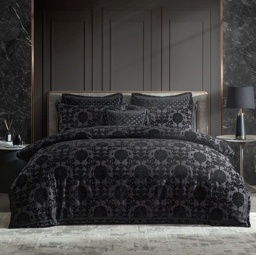 Premium Imperial Black Quilt Cover Set by Davinci - Luxury Bedding for Master Bedroom & Guest Room - Soft Microfiber Queen/King Size Duvet Cover Set with Zipper Closure