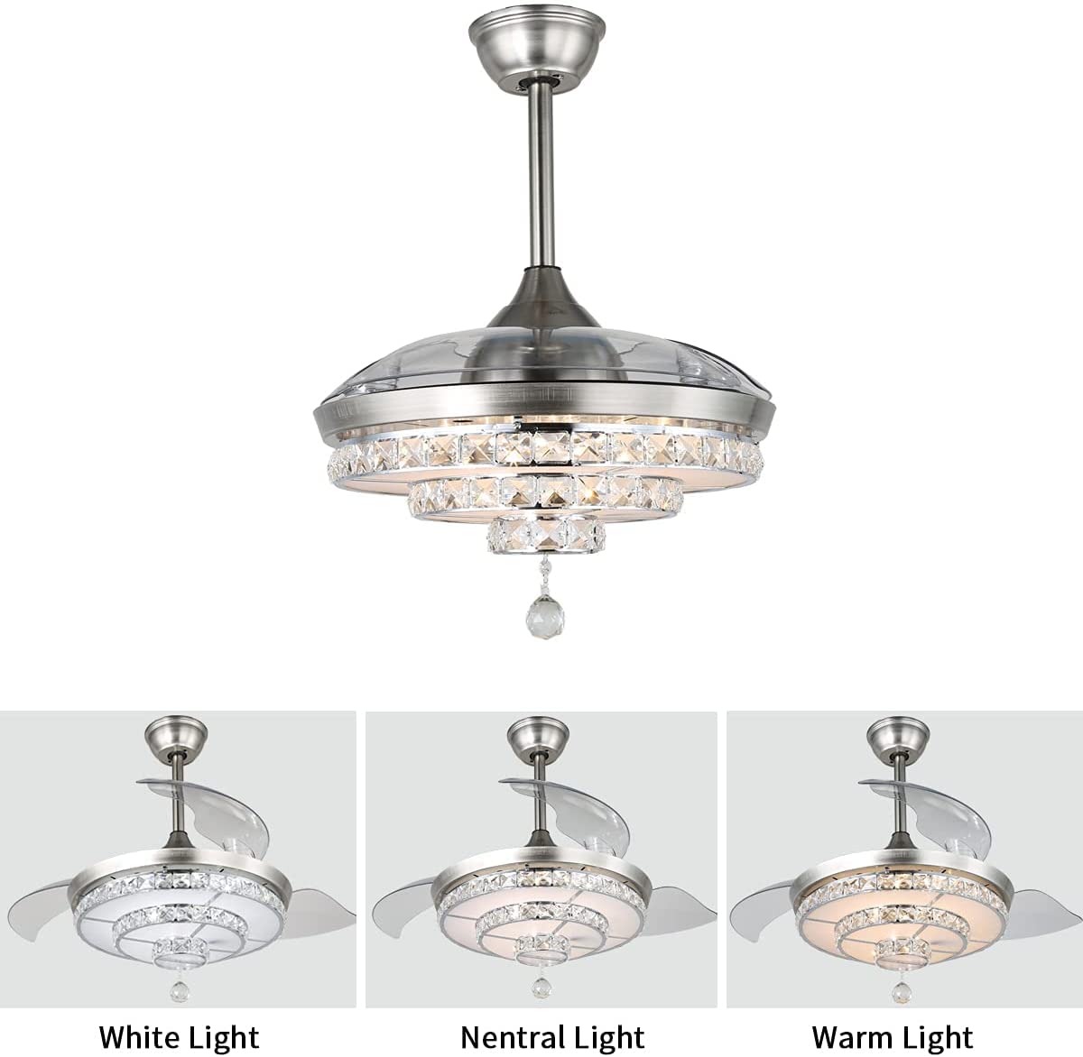 42 Inch Modern Crystal Ceiling Fan with Remote Control - Retractable Crystal Chandelier Fan with Dimmable LED Lights - Perfect for Dining Room, Living Room & Bedroom (Silver) | Energy Efficient Cooling & Elegant Lighting Solution