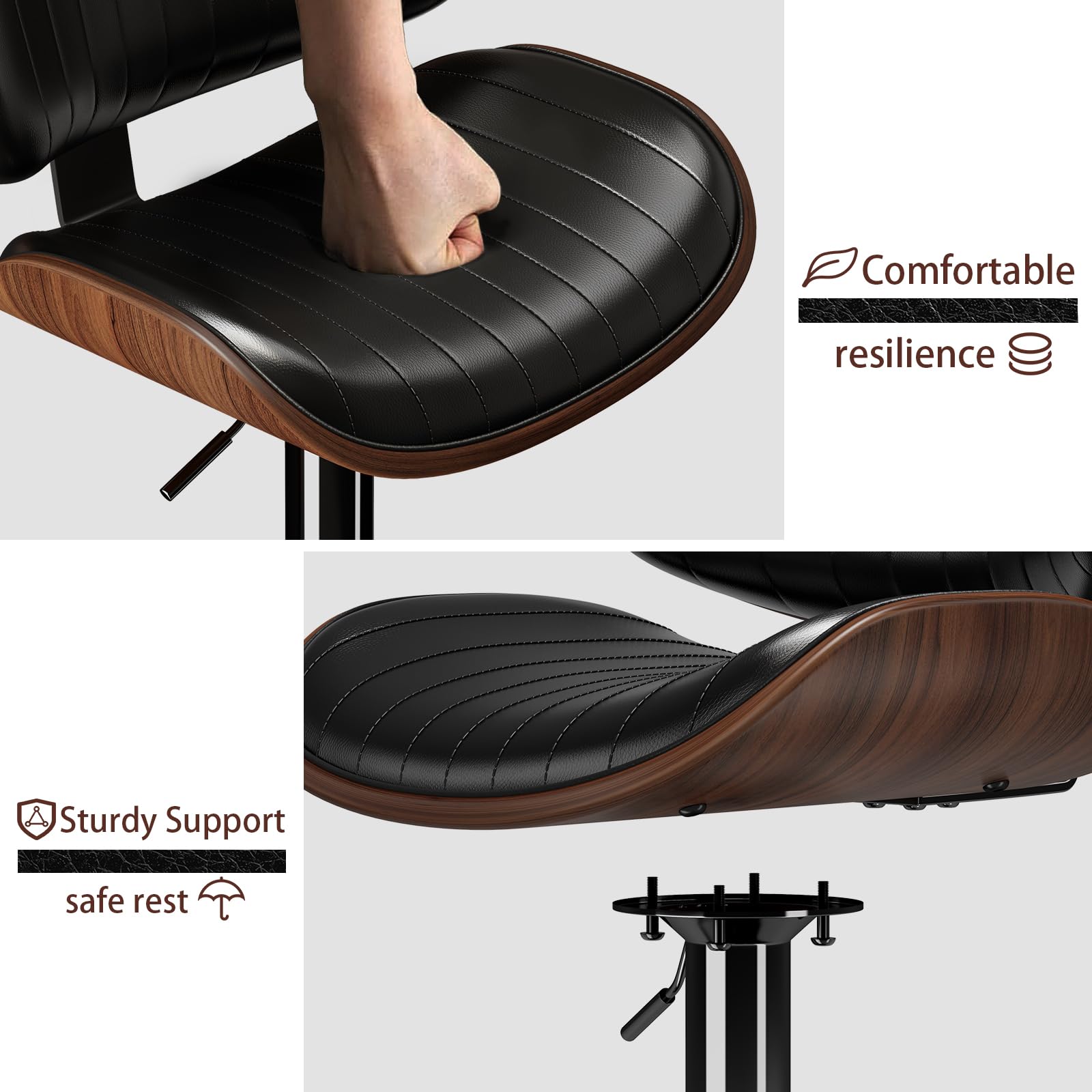 **4-Pack Adjustable Swivel Bar Stools with PU Leather Upholstery & Footrest - Modern Bentwood Bar Chairs for Kitchen Island, Counter, Dining Room & Home Bar - Black (Perfect for Entertaining & Casual Dining)**