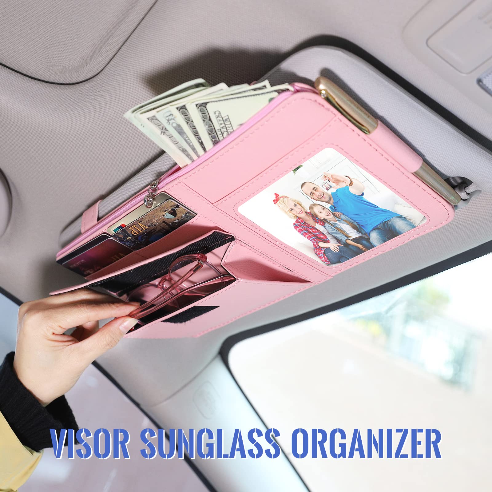 Pink Car Visor Organizer with Glasses Holder & Picture Frame - Auto Sun Visor Storage for Women - Essential Truck Accessories for Sunglasses, Cards & Photos - Perfect for Road Trips & Daily Commutes