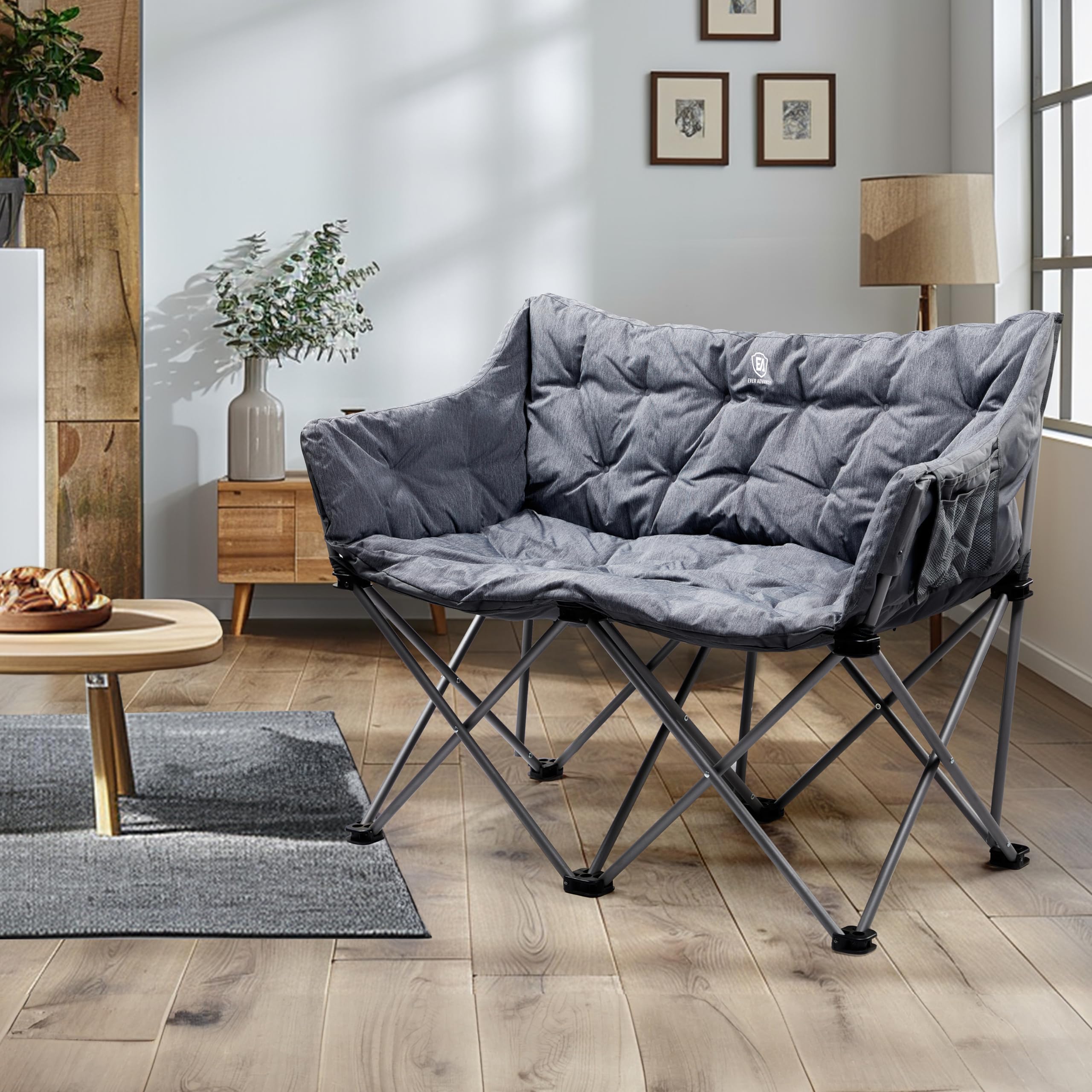 EVER ADVANCED Heavy Duty Double Camping Chair for Adults - 600lbs Capacity Padded Folding Love Seat with Side Pocket & Cushion - Portable Outdoor Bench for Couples, Picnics, Beach, Camping & Backyard Relaxation