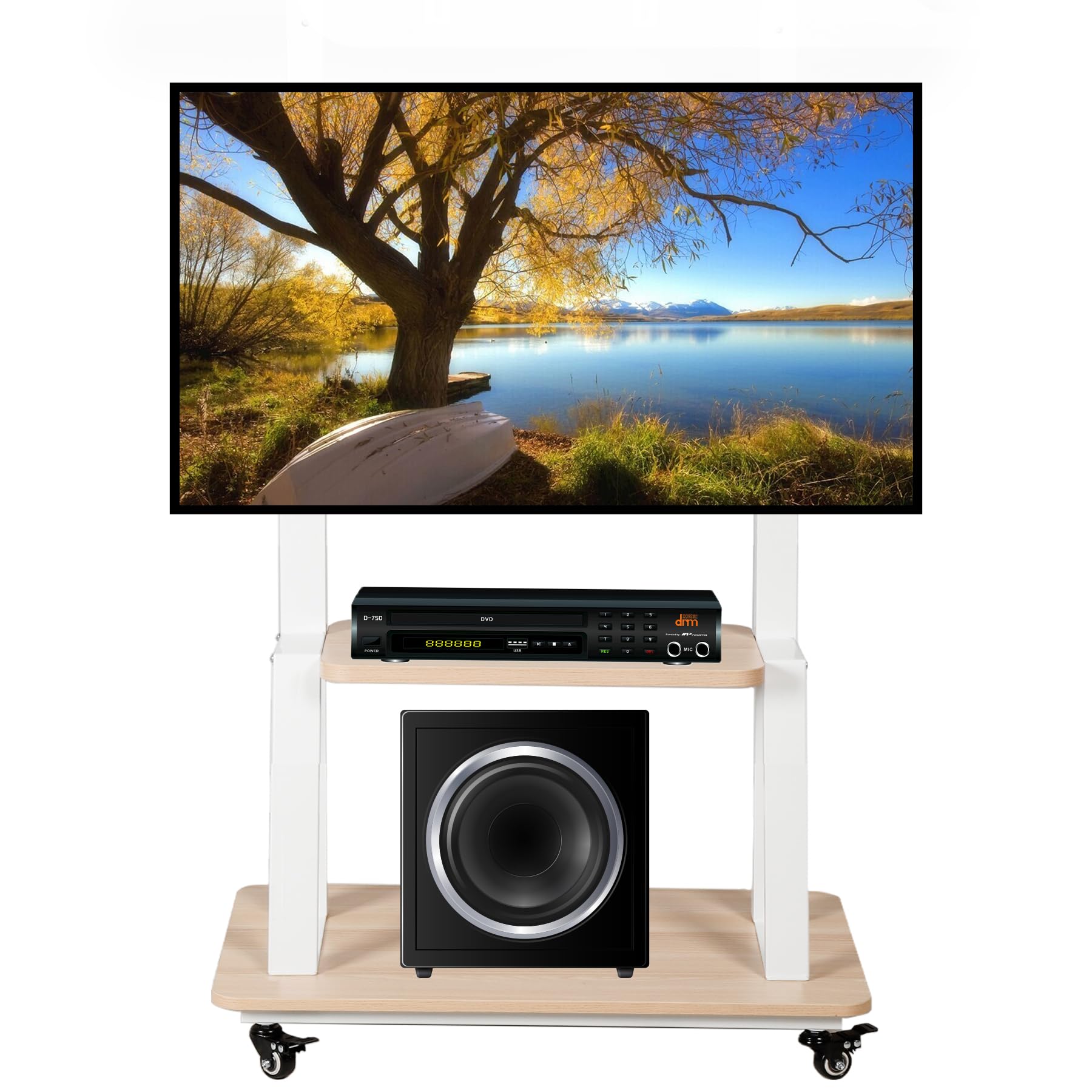 Adjustable Rolling TV Stand for 32-75 Inch Flat/Curved Screens - Heavy-Duty Mobile TV Cart with Wheels & Wood Shelf, Supports LCD/LED/OLED TVs up to 100lbs (White) - Perfect for Living Room, Bedroom, or Office Entertainment Setup