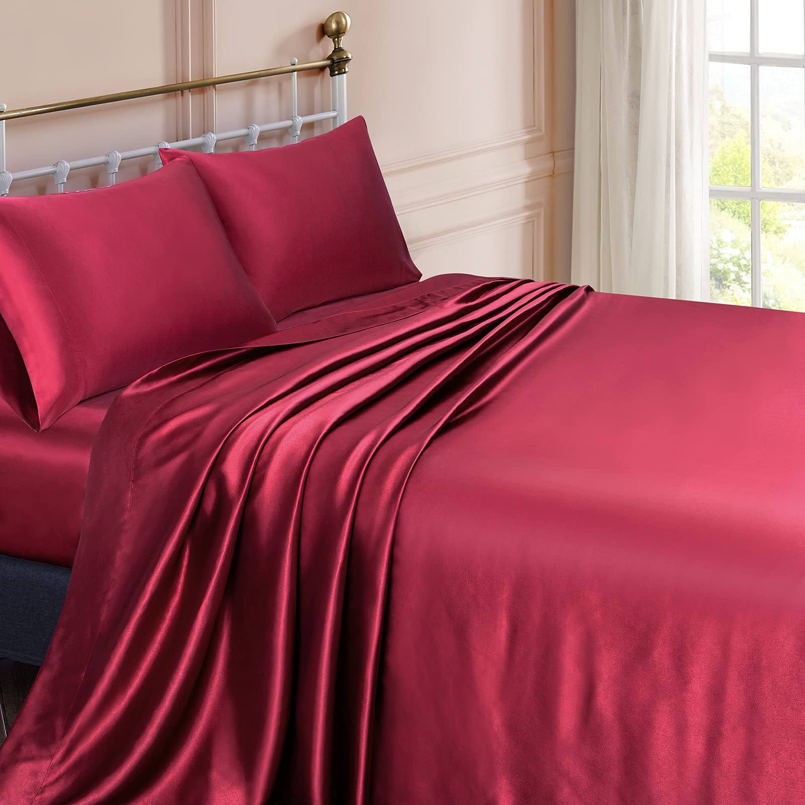 Luxury Vonty Satin Sheets Queen Size - Silky Soft Burgundy Satin Bed Sheet Set (1 Deep Pocket Fitted Sheet + 1 Flat Sheet + 2 Pillowcases) for Ultimate Comfort - Perfect for Romantic Bedrooms, Guest Rooms & Luxury Hotels