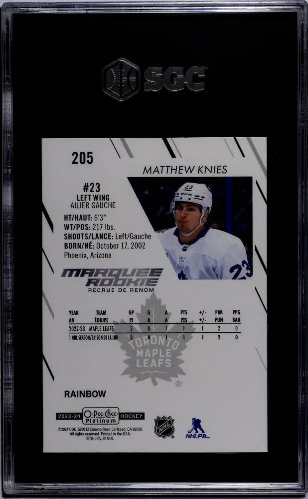 2023-24 O-Pee-Chee Platinum Matthew Knies Marquee Rookie Rainbow Hockey Card - SGC 10 Gem Mint - Perfect for NHL Collectors & Hockey Memorabilia Displays