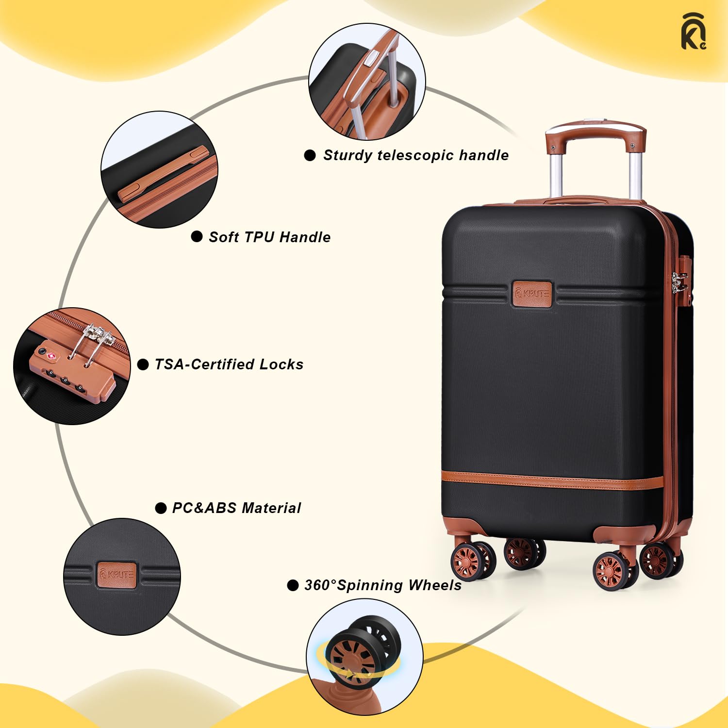 Krute 20in Carry On Luggage - Airline Approved Hard Shell Suitcase with 360° Spinner Wheels, TSA Lock & PC+ABS Material (22x14x9 inches) - Perfect for Business Travel & Weekend Getaways
