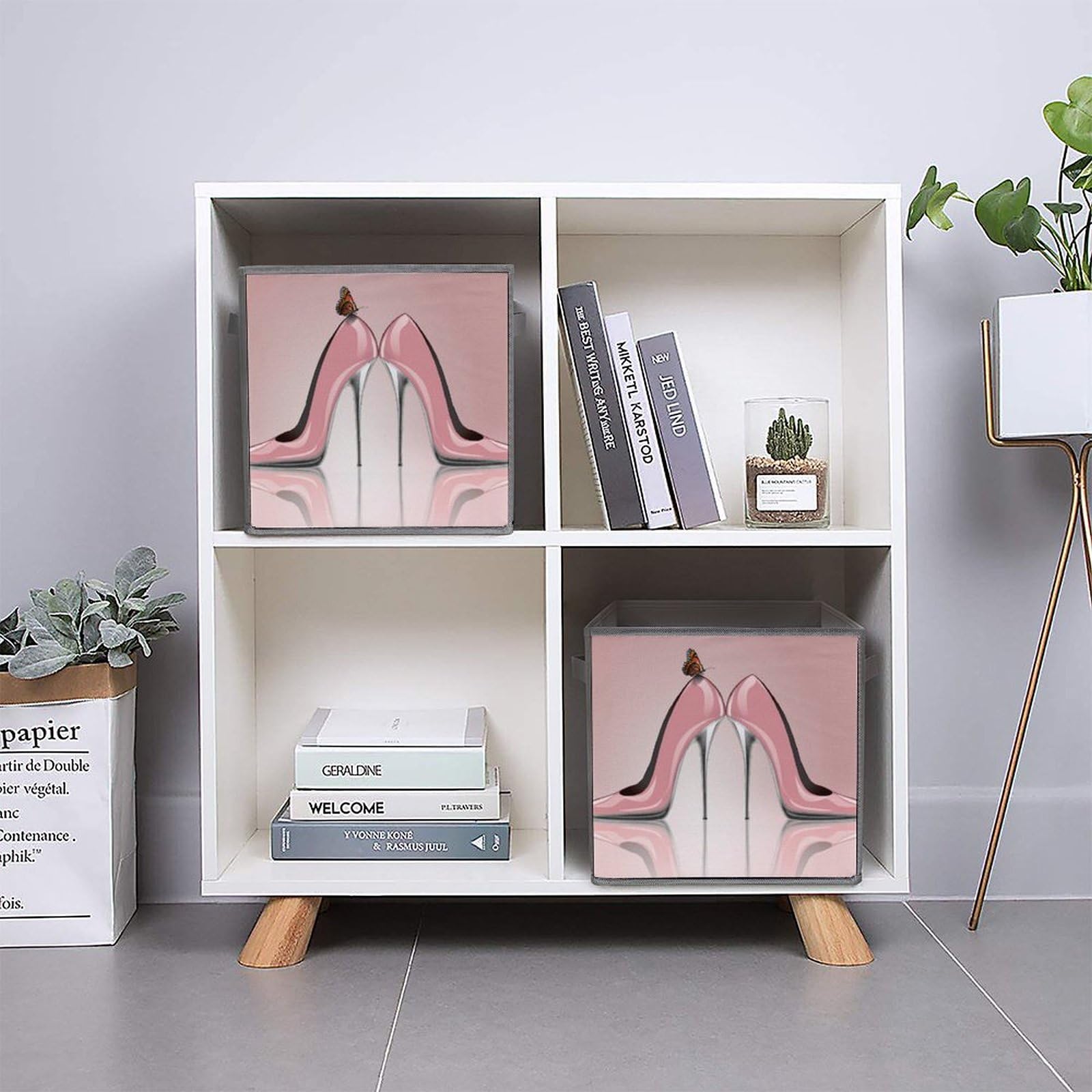 Elegant Pink Cube Storage Bin with Butterfly High Heel Design - Foldable Fabric Baskets with Handles for Closet, Pantry, Shelf & Toy Organization - Perfect for Bedroom, Nursery & Playroom Storage Solutions