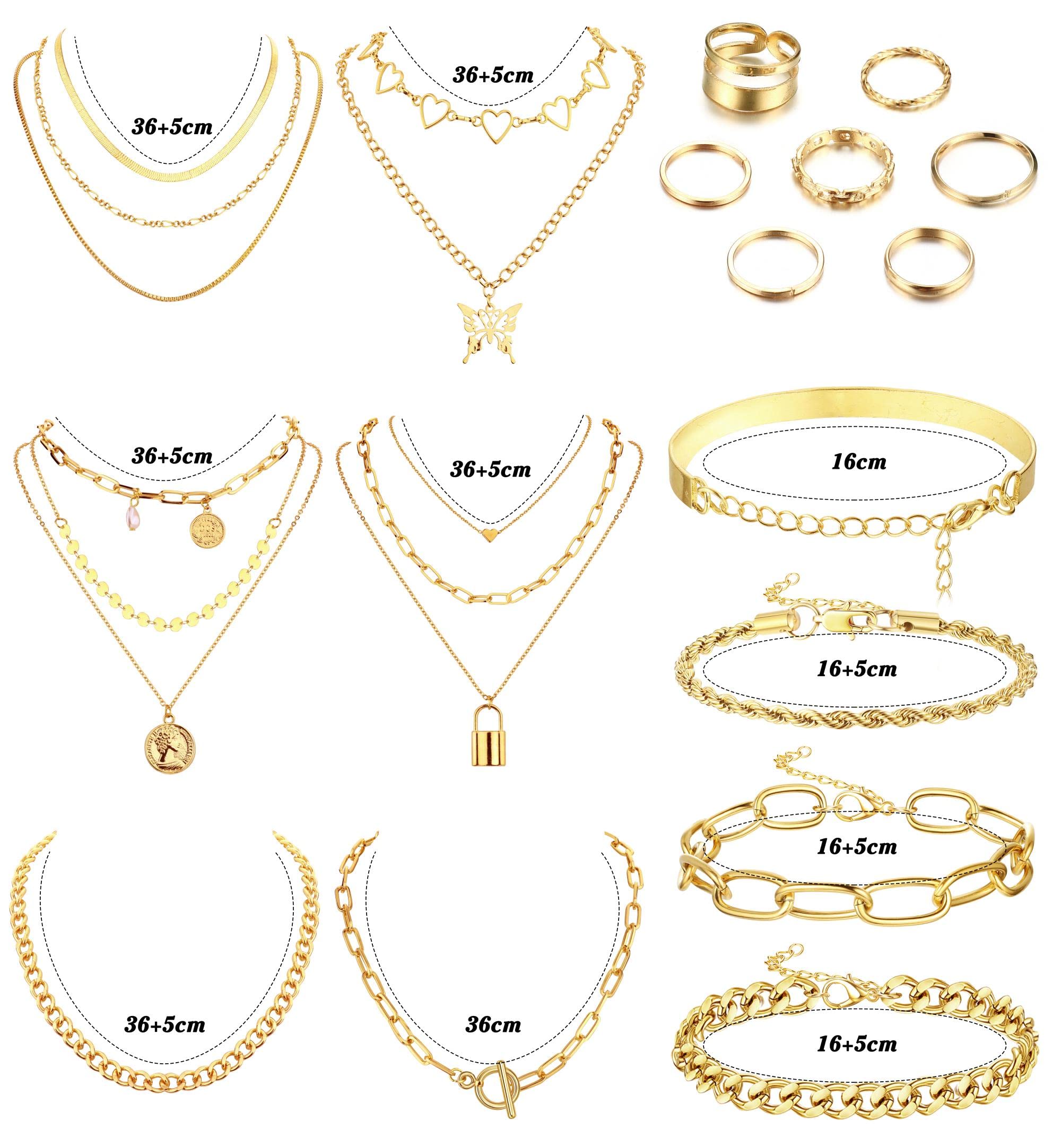Sanfenly Women's Gold Jewelry Set - Layered Necklace, Chunky Bracelet & Knuckle Ring Set - Elegant Costume Accessories for Parties, Weddings & Daily Wear