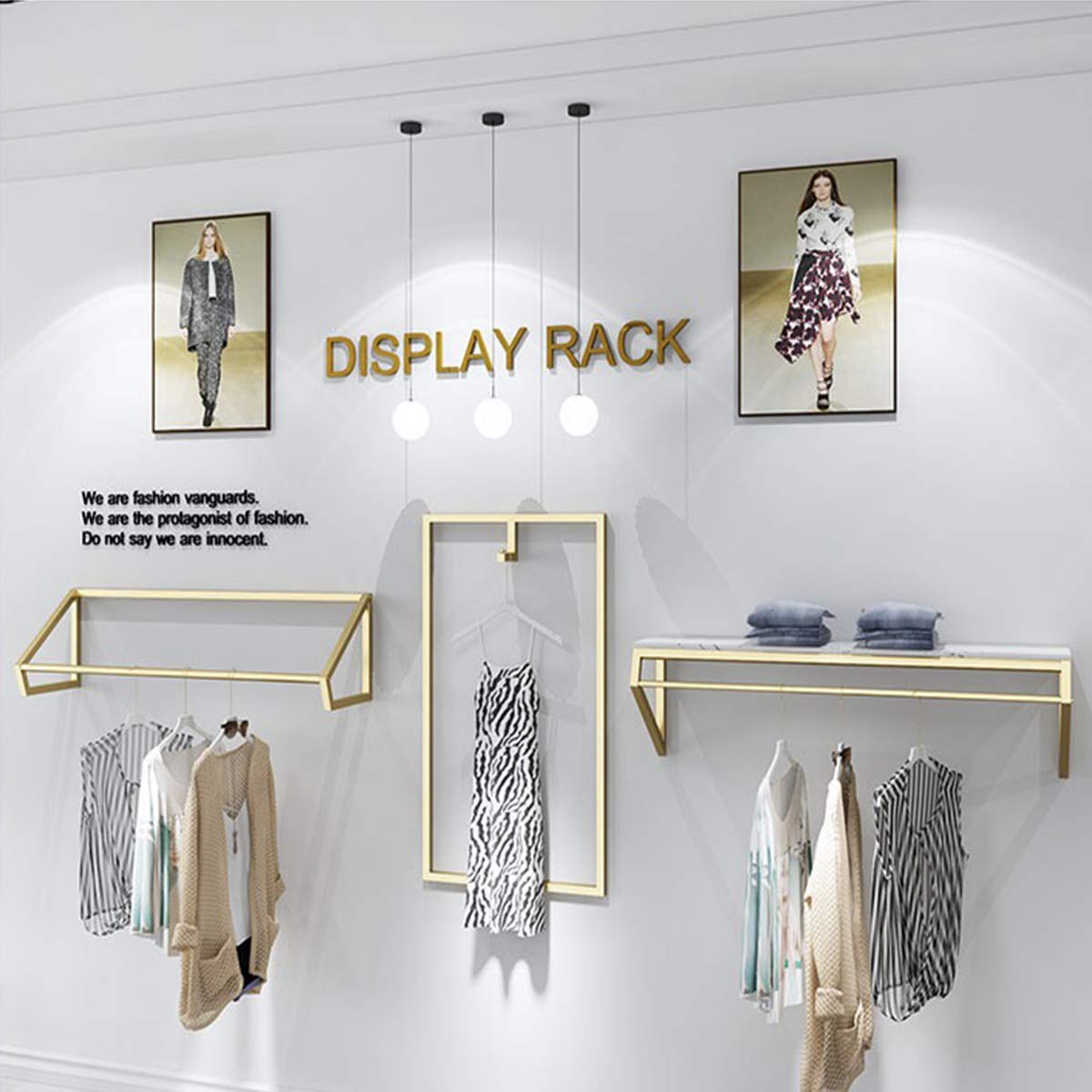 Modern Heavy Duty Metal Wall-Mounted Garment Rack with Wood - Gold Square Tube Clothes Rail for Men's & Women's Clothing Store Display or Bathroom Hanging Towel Organizer (Model B-39 L)