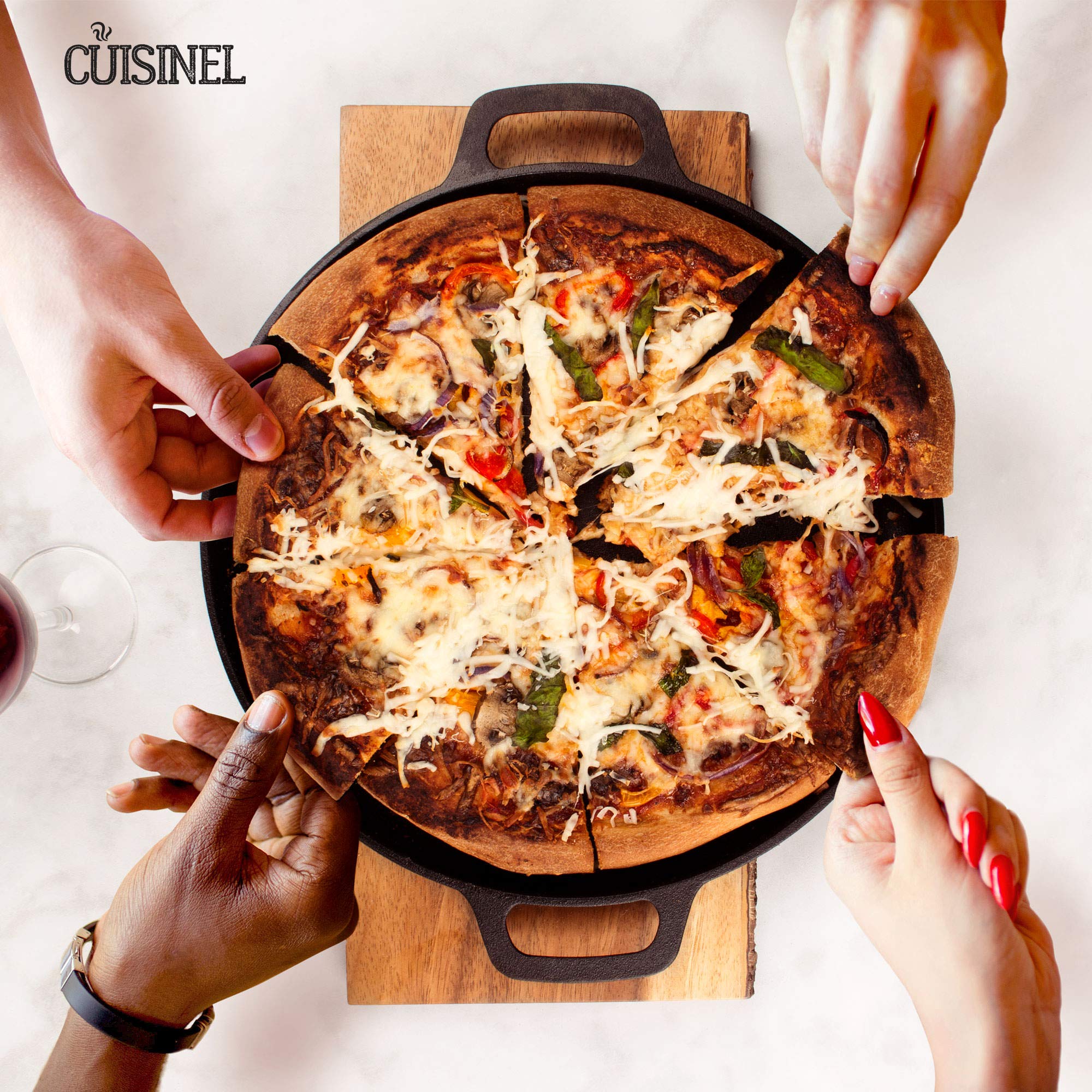 Cuisinel 13.5 Inch Pre-Seasoned Cast Iron Pizza Pan - Natural Finish, Superior Heat Retention for Perfect Baking - Oven, Stove, Grill & Campfire - Ideal for Homemade Pizza, Bread, Cookies & Outdoor Cooking