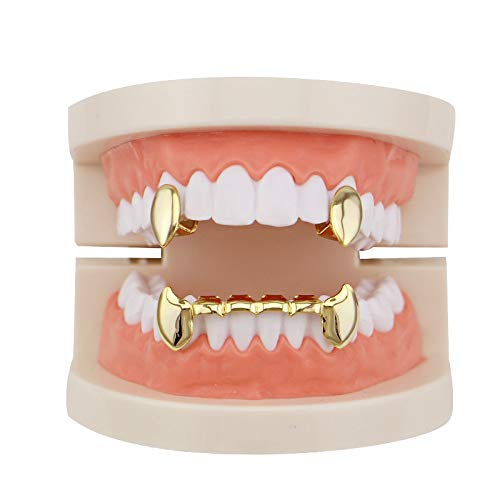 18K Gold Plated Vampire Grillz Set - 2 Single Fangs & 6 Bottom Teeth Grillz for Halloween, Cosplay & Hip Hop Fashion