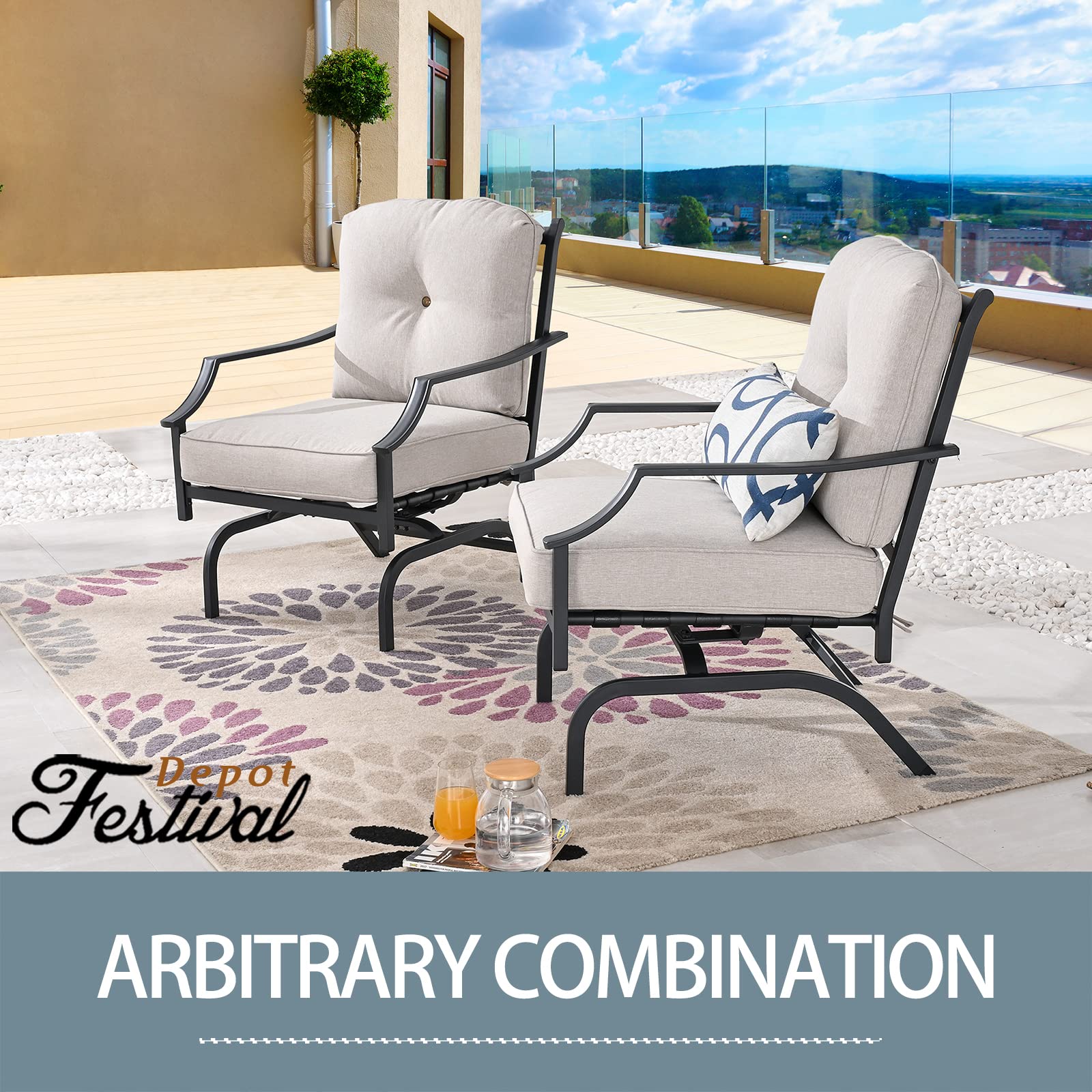 Festival Depot Patio Bistro Dining Chairs Set of 2 - Outdoor Furniture with Steel Frame, Armrests & Cushions (Beige) - Perfect for Garden, Patio, Poolside & Restaurant Use