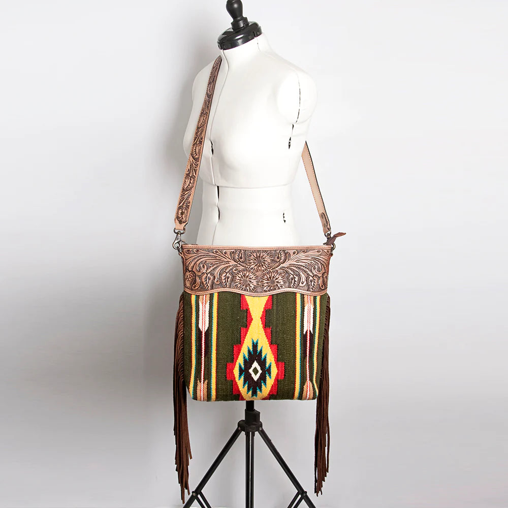 Handcrafted Green Aztec Leather Crossbody Bag for Women - Boho Chic Tribal Purse with Tooled Detailing | Perfect for Festivals, Travel & Everyday Use