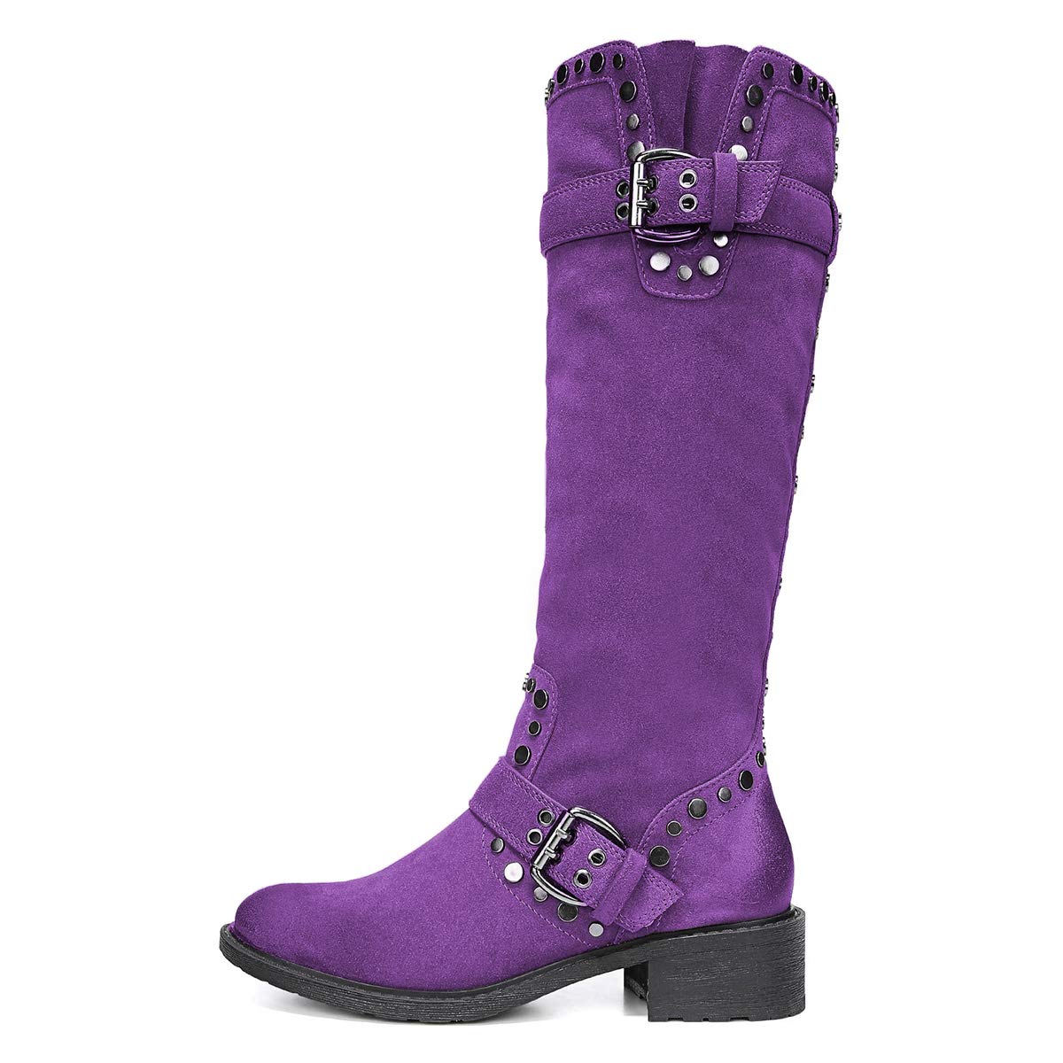 XYD Women's Knee High Boots with Rivets & Studs - Double Buckle Chunky Block Heel Side Zip Round Toe Comfortable Fashion Boots for Fall Winter Outfits, Party & Office Wear