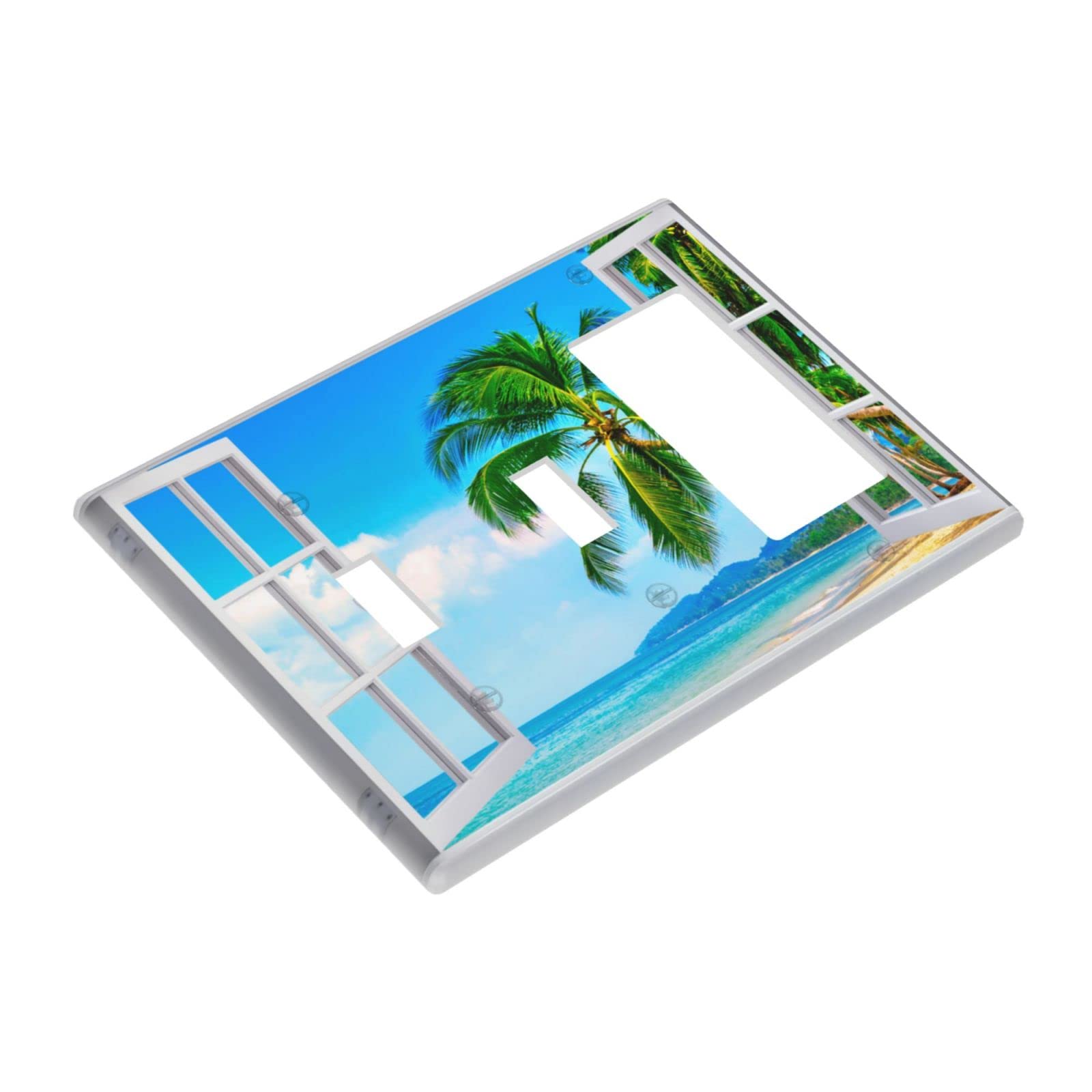 Beach View Decorative Wall Plate - 3-Gang Toggle/Rocker Light Switch Cover with Palm Tree Scenery - Durable Outlet Cover for Living Room, Bedroom, Bathroom - Perfect for Coastal, Tropical and Vacation Home Decor