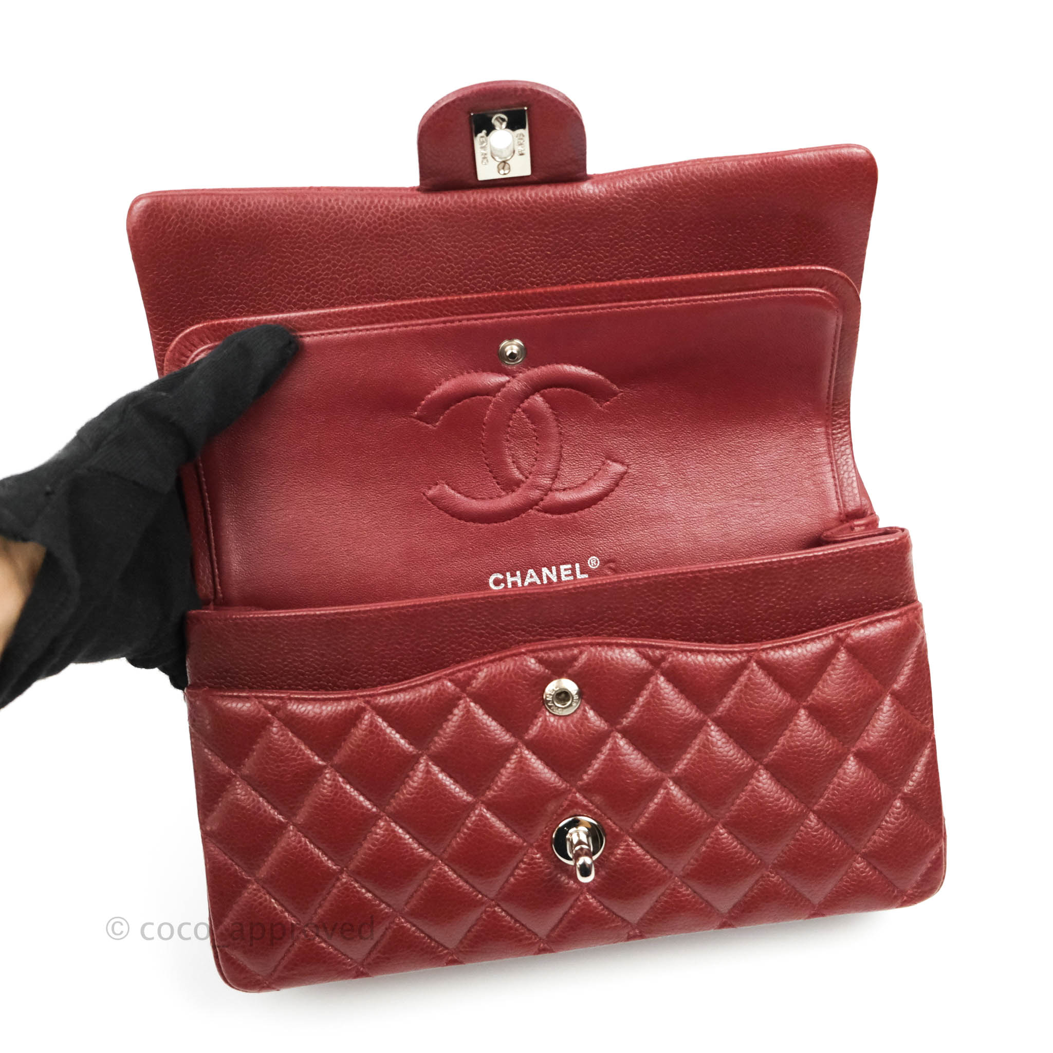 Chanel Classic Medium Double Flap Bag in Red Caviar Leather with Silver Hardware - Luxury Handbag for Women, Perfect for Parties & Special Occasions