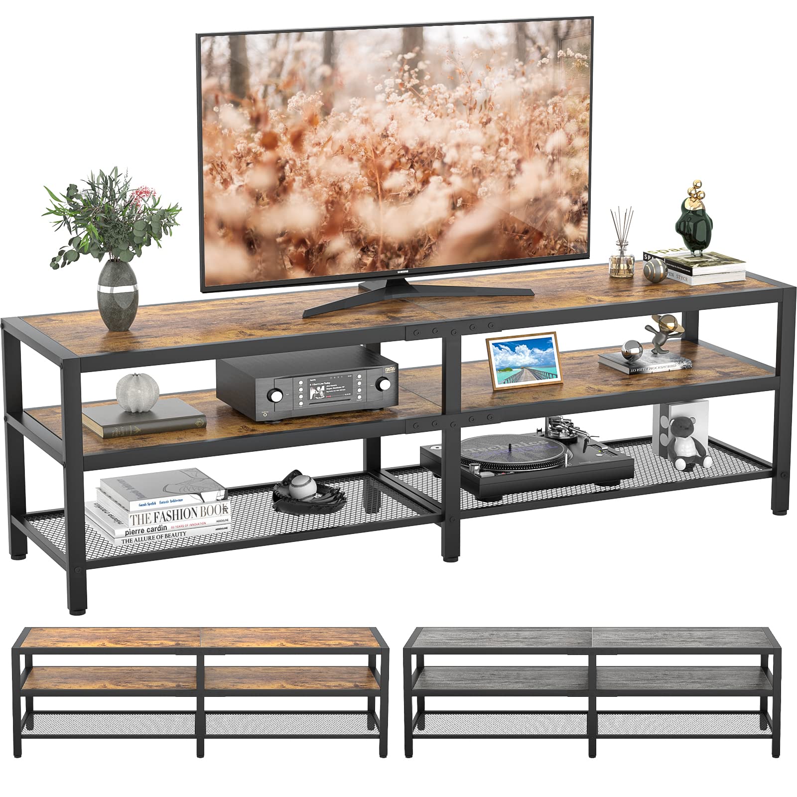 Unikito 70 Inch TV Stand - Two-Tone Industrial Entertainment Center with Metal Frame, 3-Tier Open Storage TV Cabinet (Rustic Brown & Gray Oak) - Perfect for Living Room, Home Theater & Media Room Setup