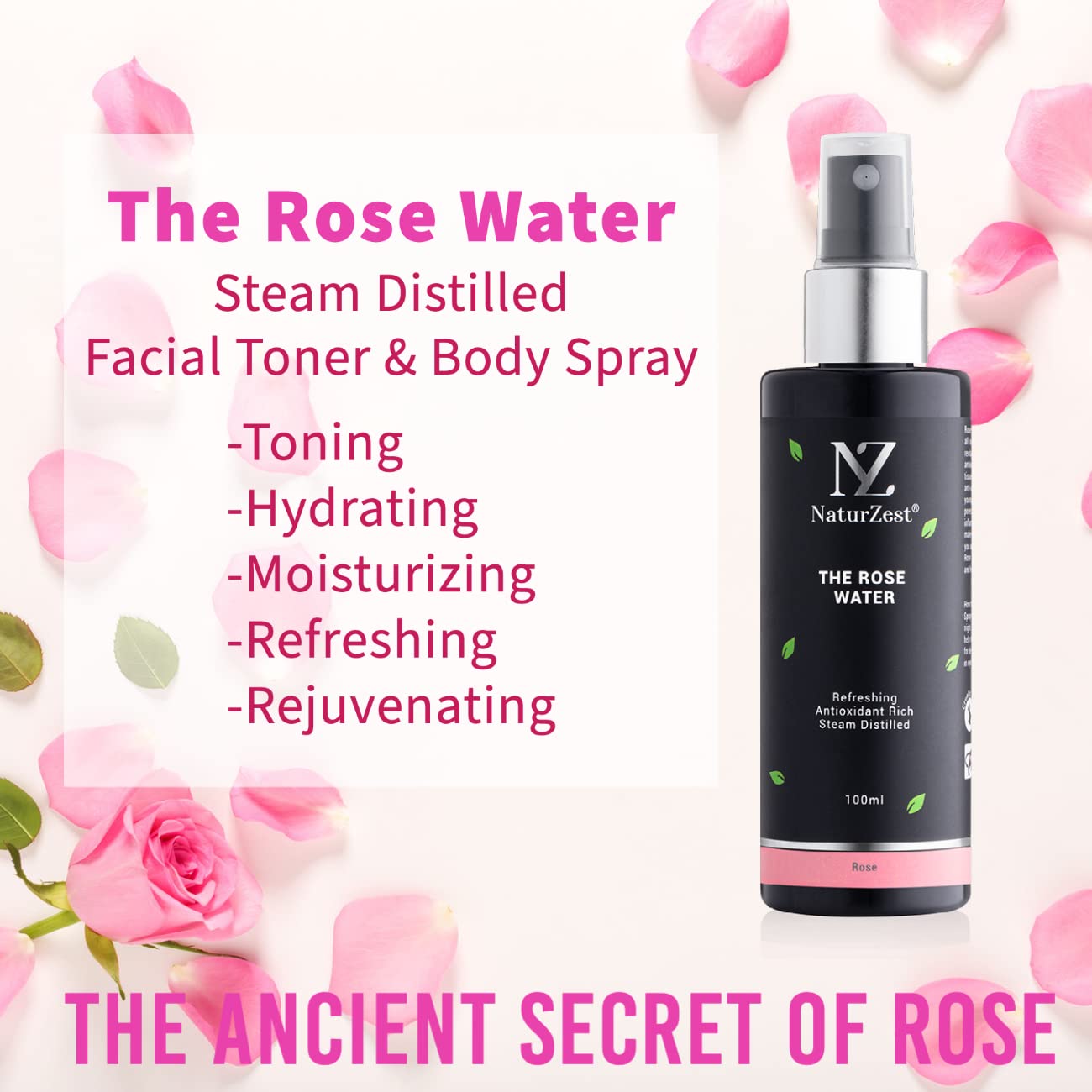 NaturZest Organic Rose Water Facial Mist - Hydrating & Refreshing Toner for Dry, Sensitive Skin - Perfect for Daily Skincare, Makeup Setting & Post-Workout Refresh