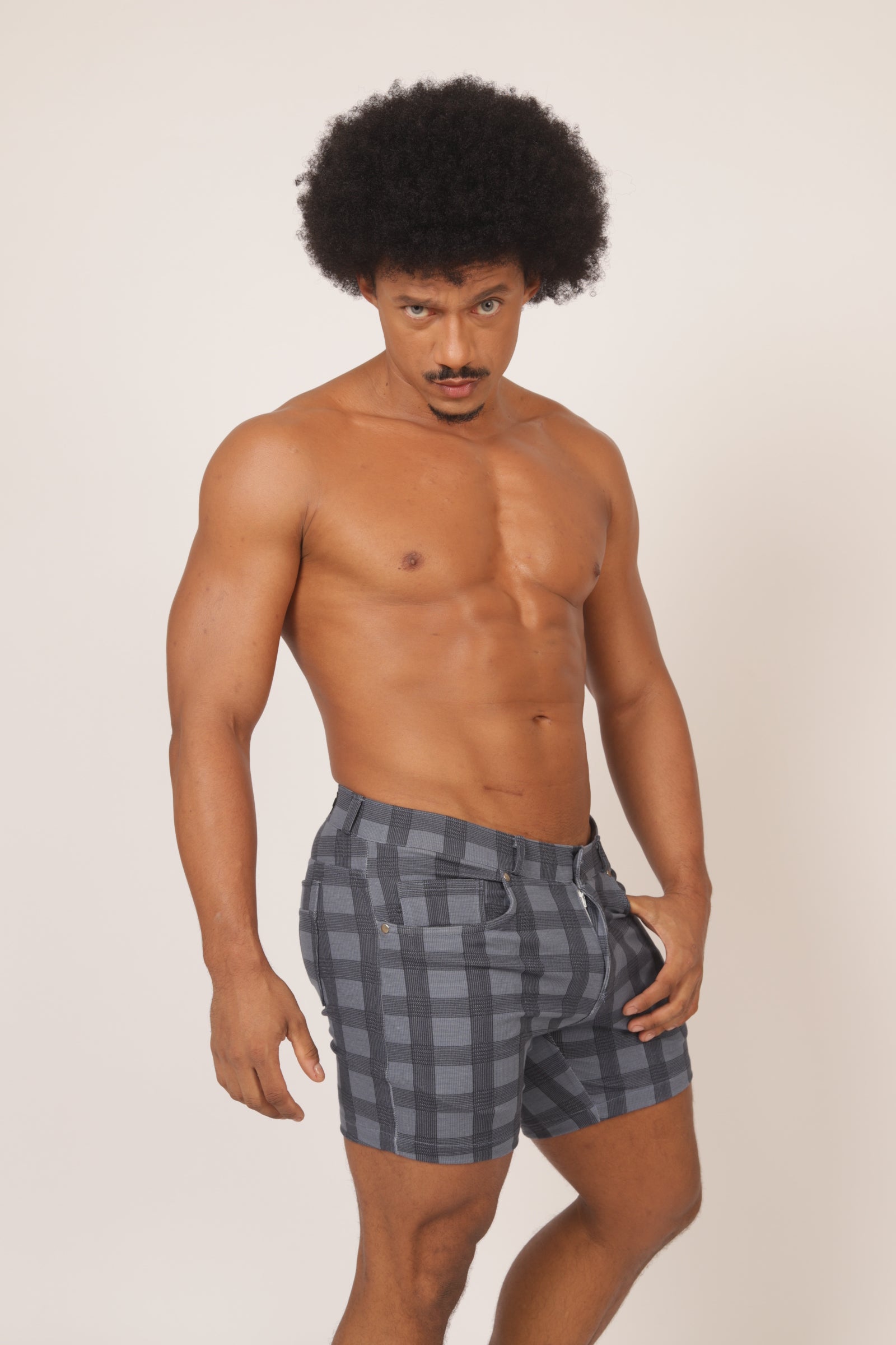Gigo Social 5 Stretch Shorts - Blue Plaid Pattern - Comfortable Casual Wear for Men - Perfect for Outdoor Activities, Gym, and Daily Use