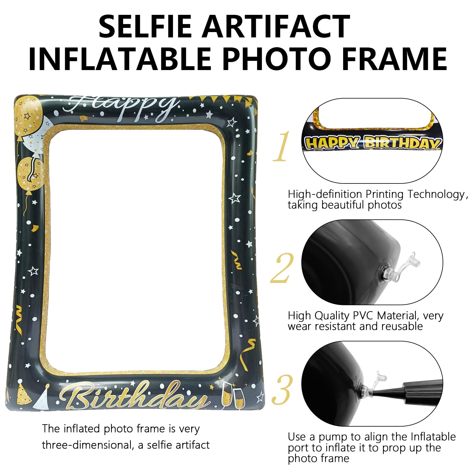 LMSHOWOWO Black & Gold Inflatable Birthday Photo Booth Frame - Giant Selfie Backdrop with Party Props for Women & Men - Perfect for Birthday Decorations, Anniversaries & Special Events