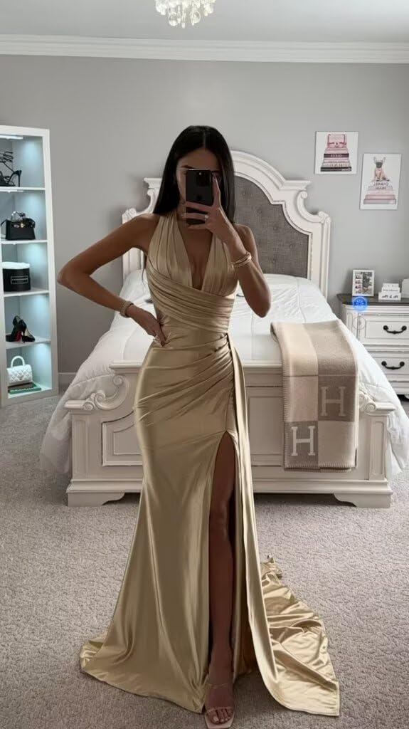 Elegant Mermaid Satin Bridesmaid Dresses - Long Ruched Corset Formal Evening Gown with High Slit for Weddings, Prom & Special Occasions