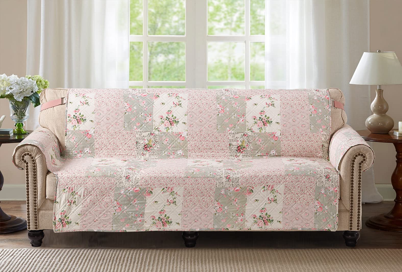 Traditional Rose and Sage Patchwork Couch Cover - Quilted Loveseat Slipcover 54