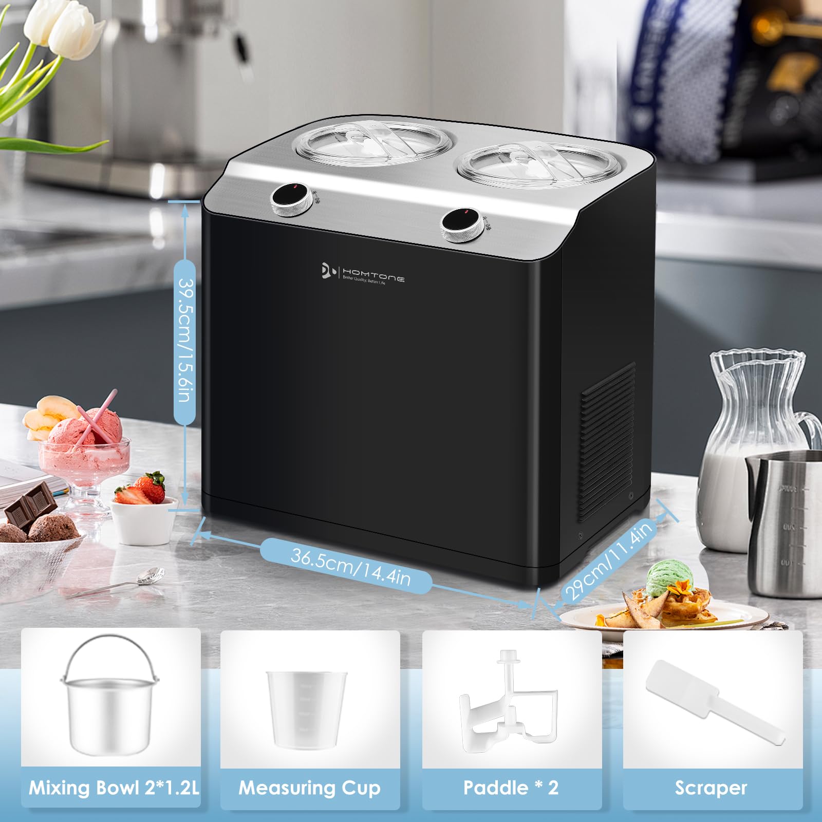 Homtone 2 Flavor Electric Ice Cream Maker with Compressor - 2.6QT (2 x 1.3QT) No Pre-Freezing Gelato & Sorbet Machine, 3 Modes & Keep Cool Function - Perfect for Home Parties, Summer Treats & Dessert Making