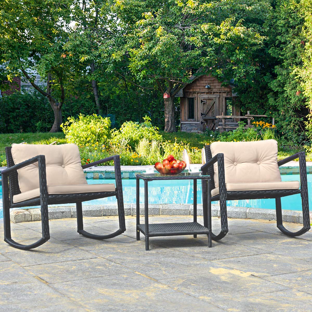 HappyGrill 3-Piece Rocking Bistro Set - Outdoor Patio Rocking Chairs with Coffee Table, Rattan Wicker Furniture Conversation Set for Garden, Lawn, Backyard, Balcony - Perfect for Relaxing, Entertaining & Enjoying Morning Coffee Outdoors