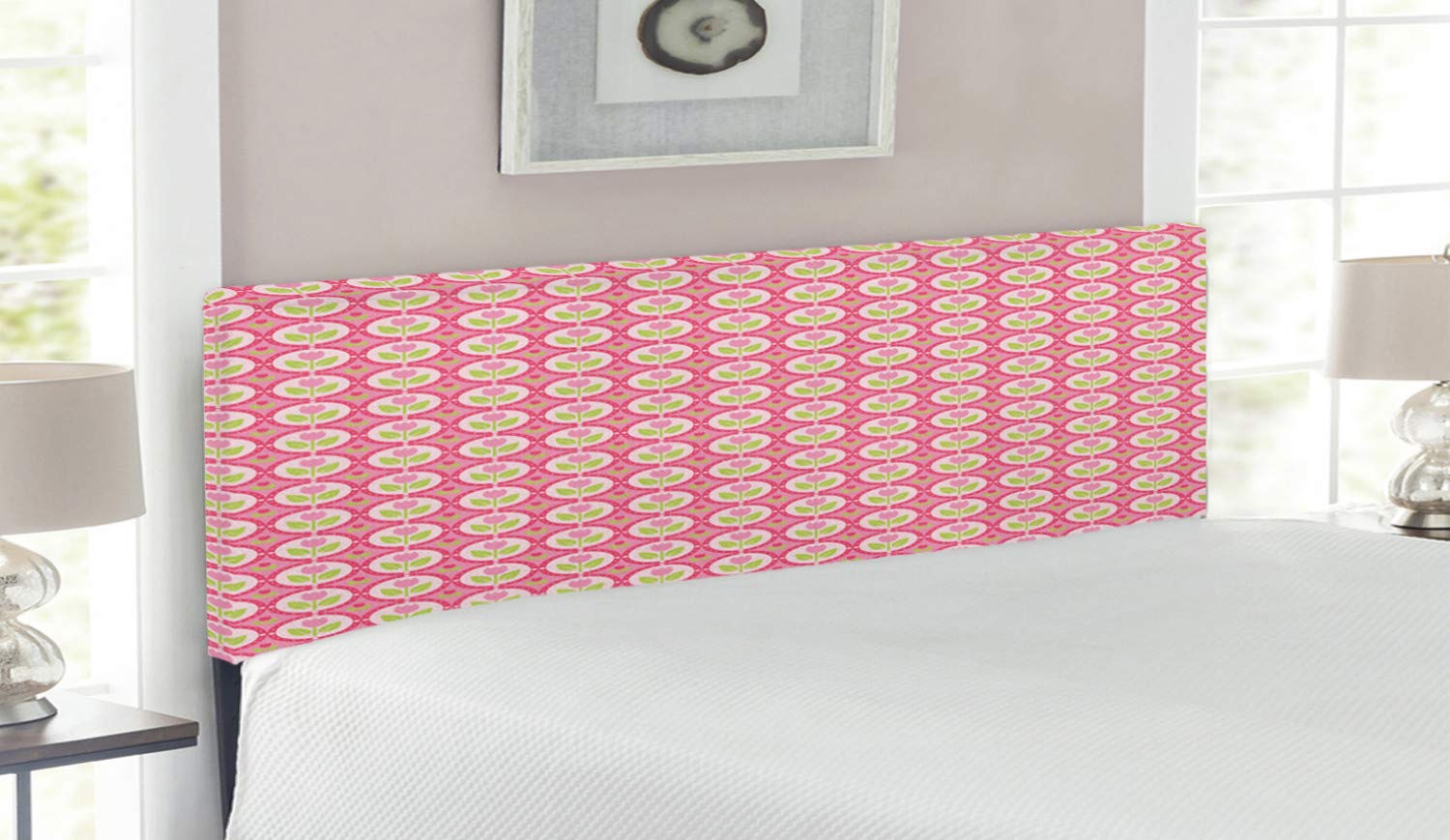 Lunarable Tulip Upholstered Metal Headboard - Queen Size with Memory Foam, Apple Green & Pale Pink Floral Pattern | Perfect for Bedroom Decor, Guest Rooms & Master Suites