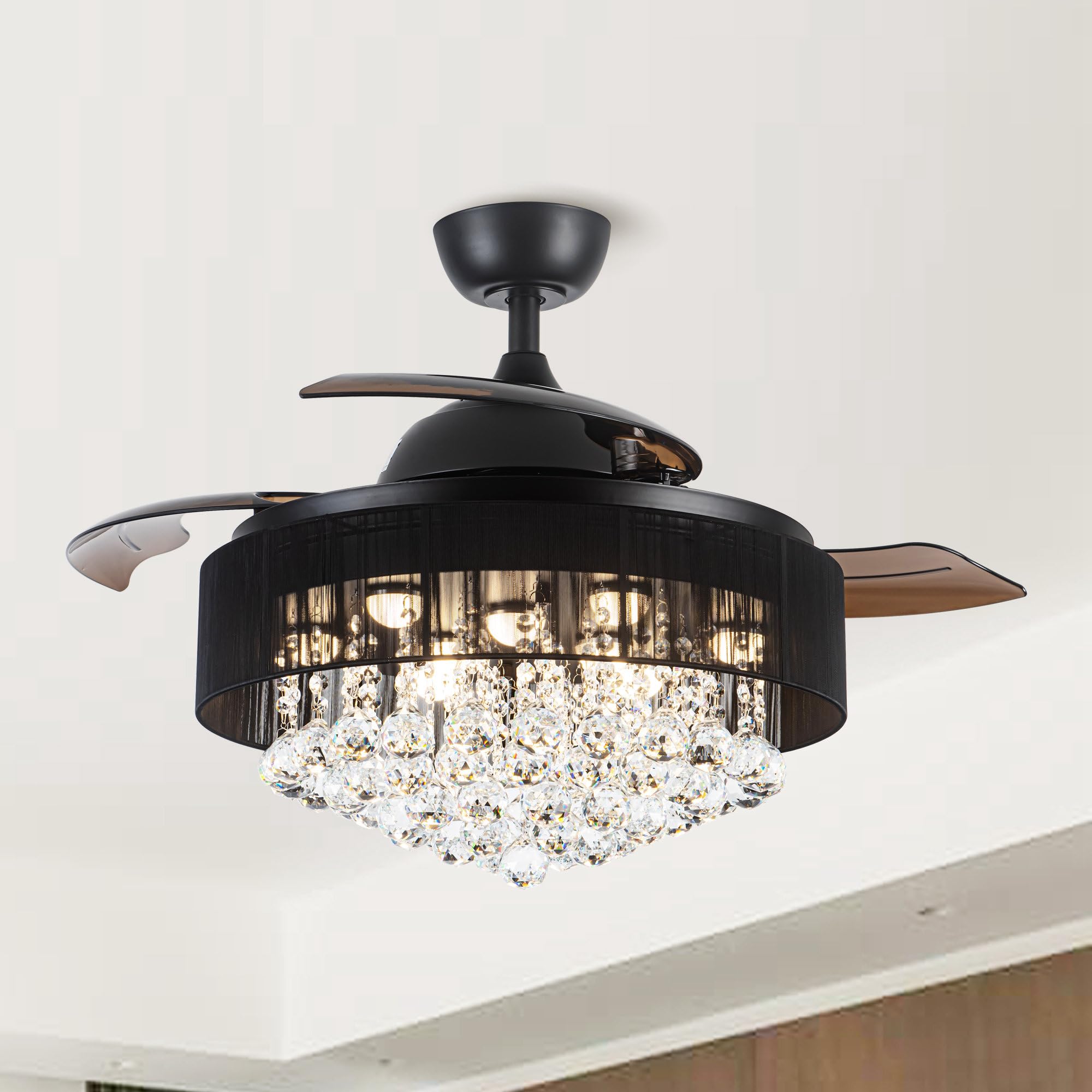 Parrot Uncle 42 Inch Black Ceiling Fan with Lights & Remote Control - Retractable Blade Crystal Chandelier Fan for Bedroom (3000K Cool White) | Perfect for Home, Living Room & Office Cooling & Lighting