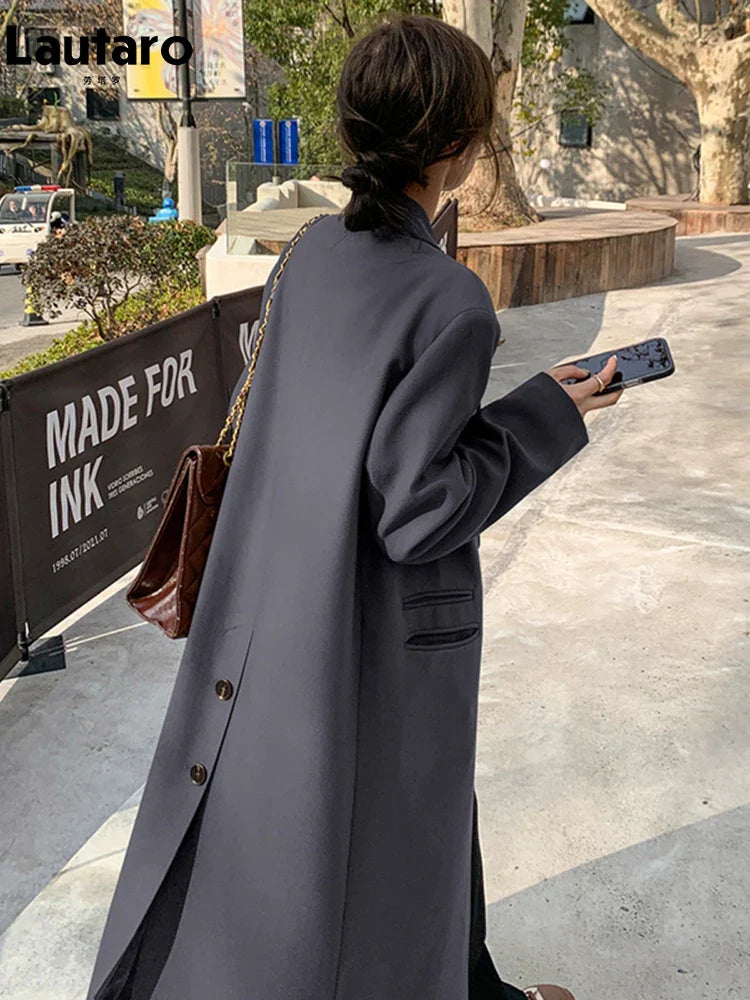 Women's Autumn Long Coffee Flowy Blazer Coat - Double Breasted Loose Casual Korean Fashion Overcoat with High Back Slit | Perfect for Office Wear, Date Nights & Fall Layering 2024