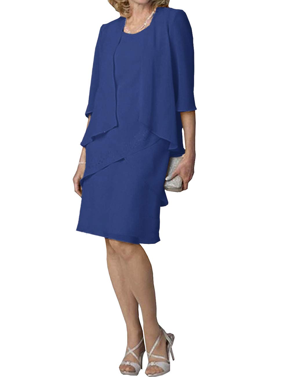Elegant Mother of The Bride Dresses | Short Formal Evening Gown with 3/4 Sleeve Chiffon Jacket & Tiered Skirt | Perfect for Weddings, Receptions & Special Occasions
