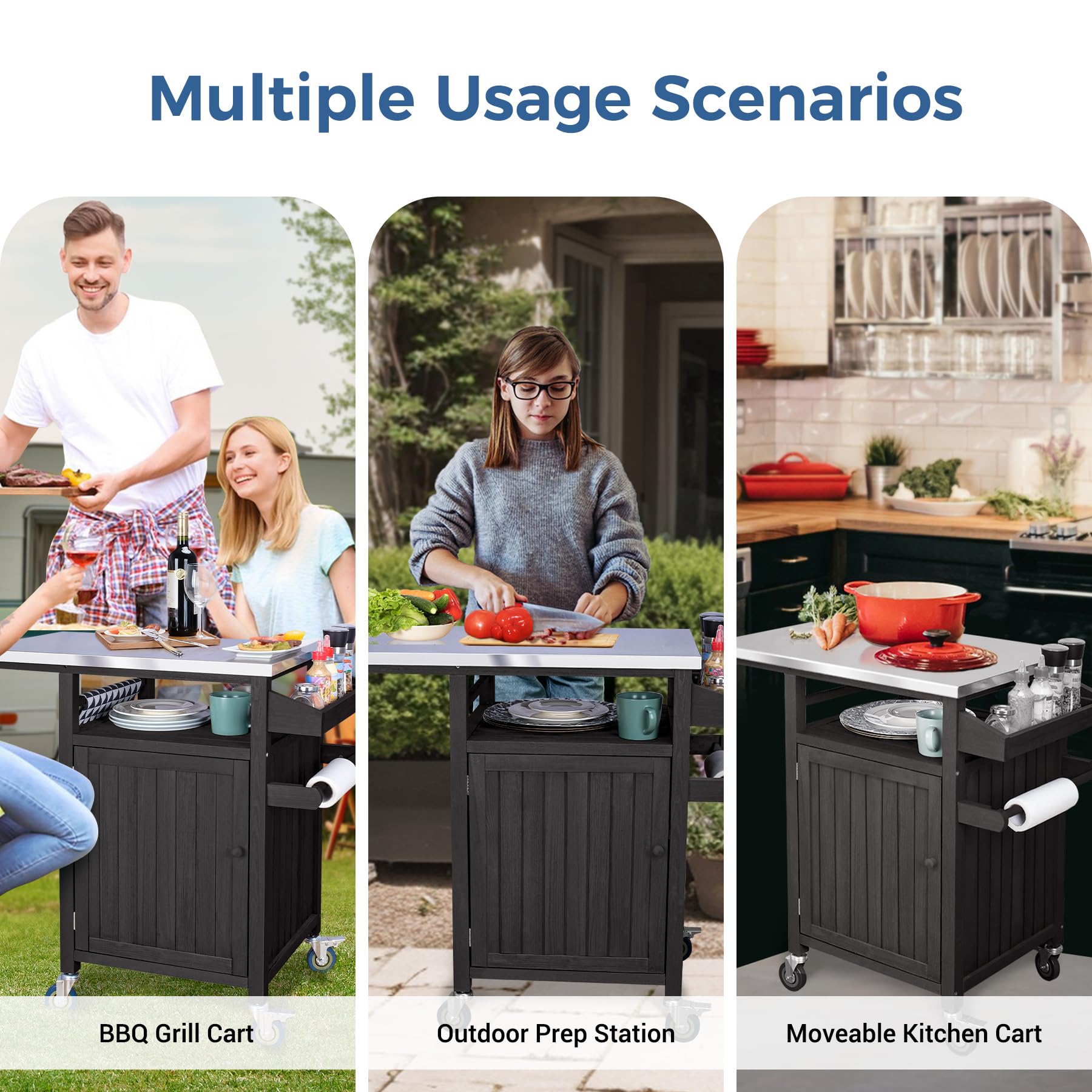Portable Solid Wood Outdoor Grill Cart with Stainless Steel Top & Spice Rack - Movable BBQ Cooking Table with Storage for Patio, Garden, Backyard & Camping - Perfect for Grilling, Entertaining & Outdoor Dining