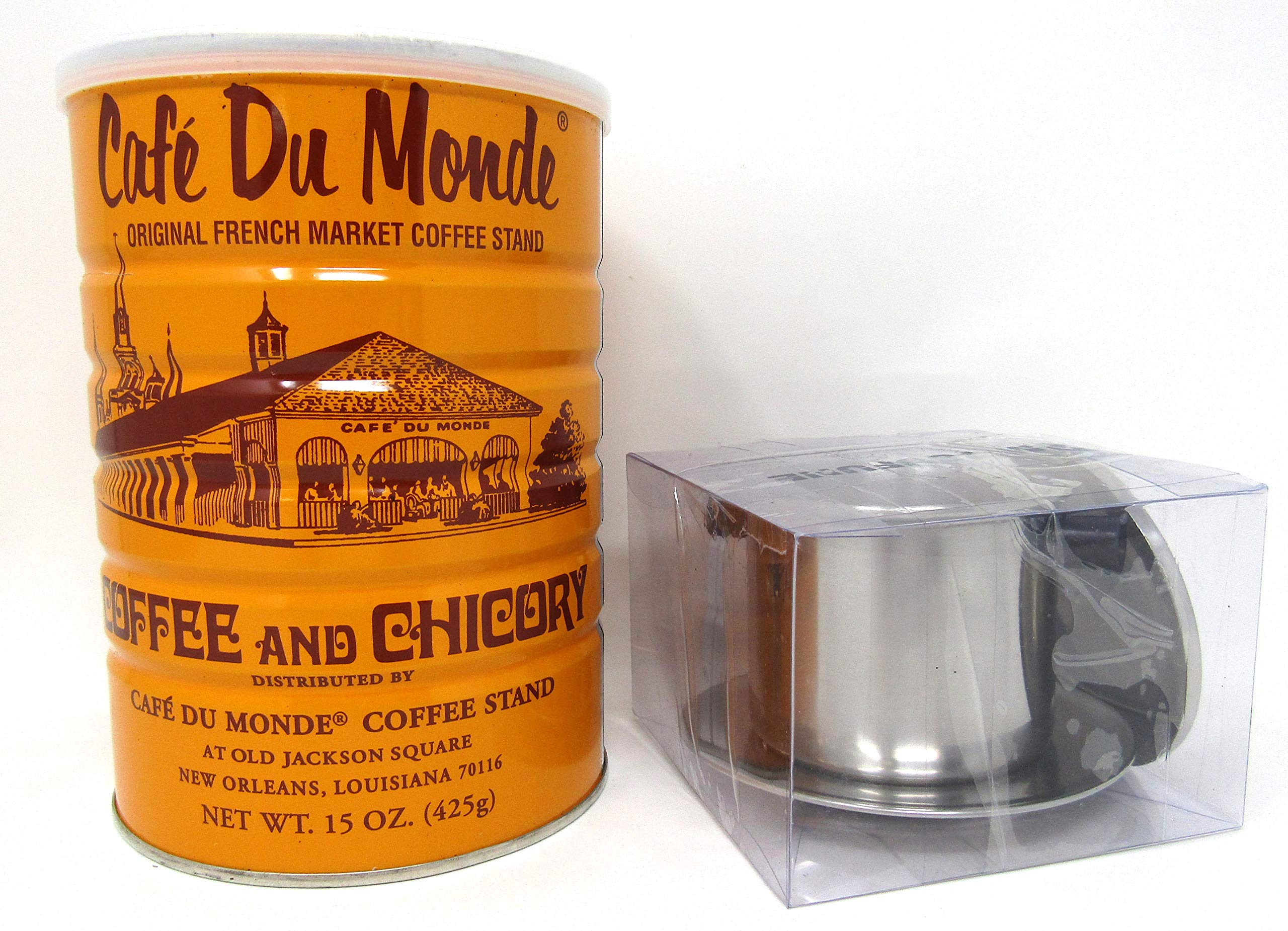 **Cafe Du Monde 15oz Can with Stainless Steel Vietnamese Coffee Maker Filter Set - French Press, Pour Over Dripper, Reusable Coffee Press (Coffee & Filter Included) - Perfect for Home, Office & Travel Brewing**