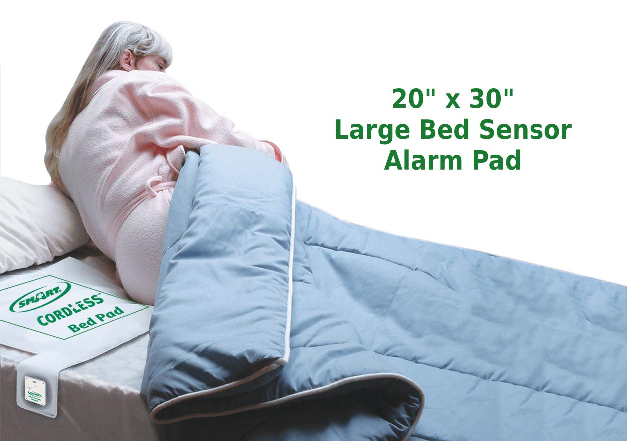 Smart Caregiver Wireless Bed Alarm System - 20”x30” Cordless Weight Sensing Pad with Remote Alert Monitor, Free Cleaning Wipes & 7-Day Pill Box - Elderly Fall Prevention for Home & Healthcare Facilities