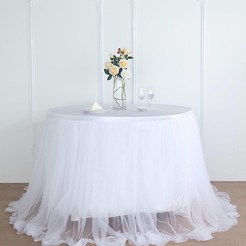 Elegant Dual Layer Tulle with Satin Table Skirt for Weddings, Parties & Events - Perfect for Banquet Decorations & Special Occasions