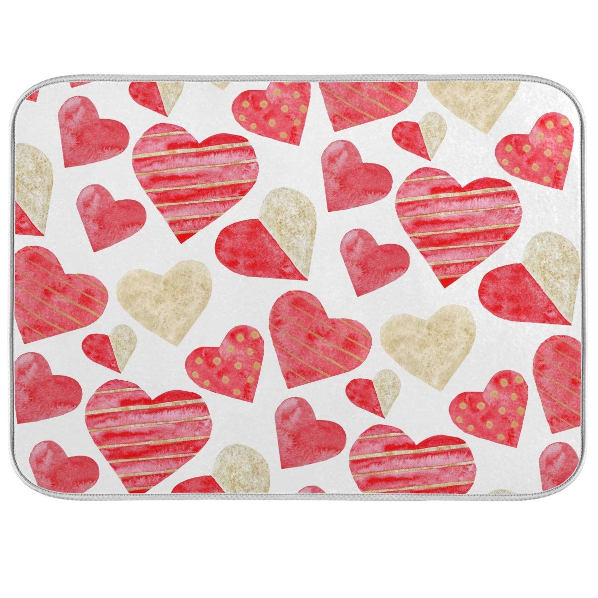 Red Gold Watercolor Hearts Love Dish Drying Mat 18x24 Inch - Absorbent Fast Dry Kitchen Accessories for Dishes, Utensils | Perfect for Valentine's Day, Weddings & Romantic Kitchen Decor