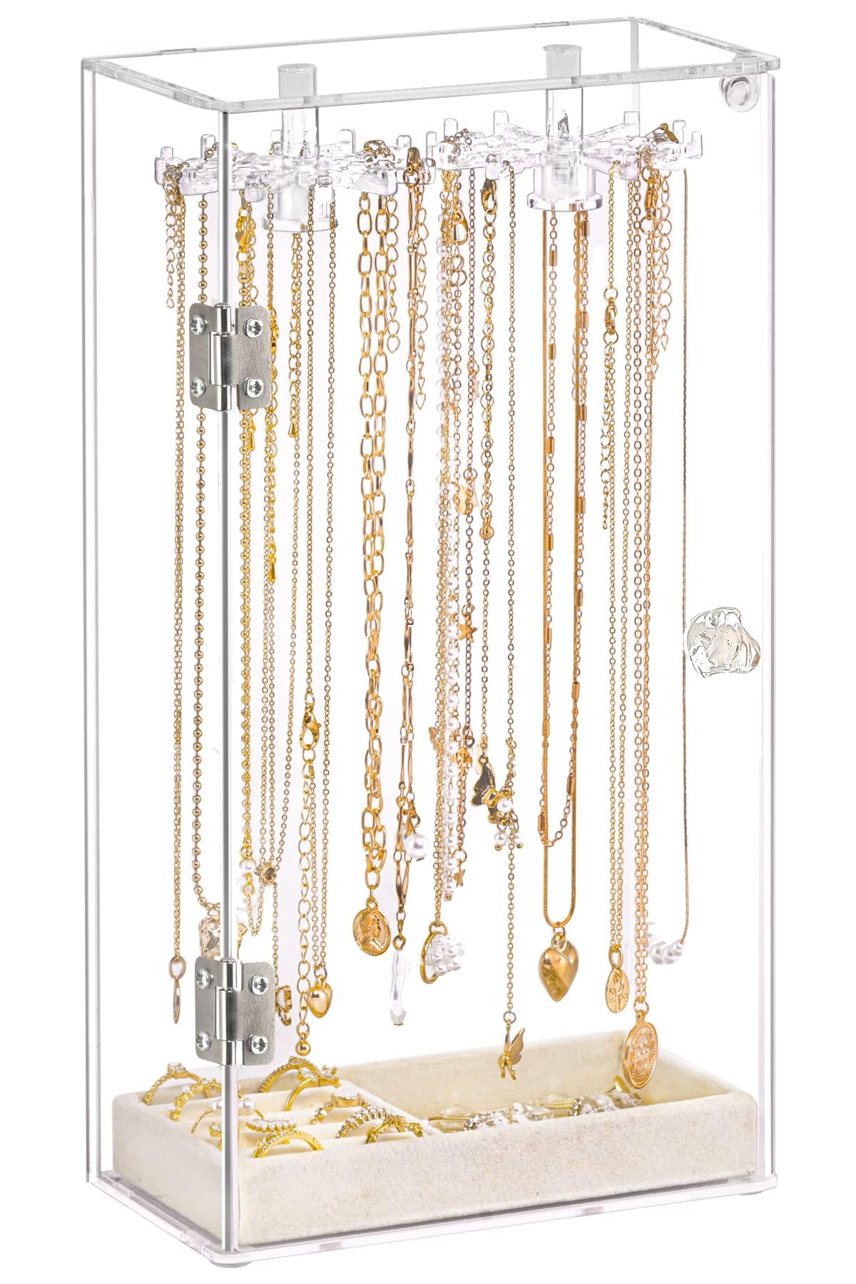 Clear Rotatable Acrylic Necklace Holder & Jewelry Organizer Display Case - Beige Velvet Tray for Rings, Earrings, Pendants & Bracelets | Perfect for Closet, Vanity & Retail Store Jewelry Display