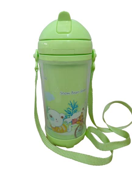 **Puthak 500ml Cute Cartoon Printed Water Bottle with Straw for Kids - BPA Free, Leak Proof Flip Top Lid, Silicone Sipper & Soft Carry Neck Strap - Ideal for School, Travel & Outdoor Activities (Green)**
