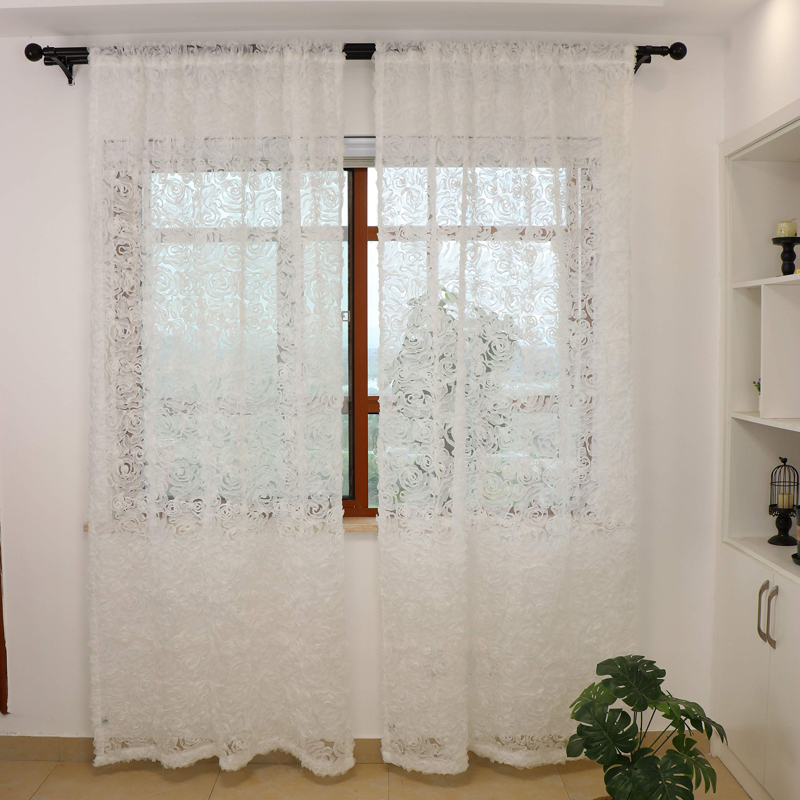 SLOW SOUL Set of 2 White 3D Rose Luxury Sheer Curtain Panels - 51W x 96L Inches with Rod Pocket - Elegant Drapes for Girls Bedroom, Living Room & Nursery - Perfect for Light Filtering and Privacy
