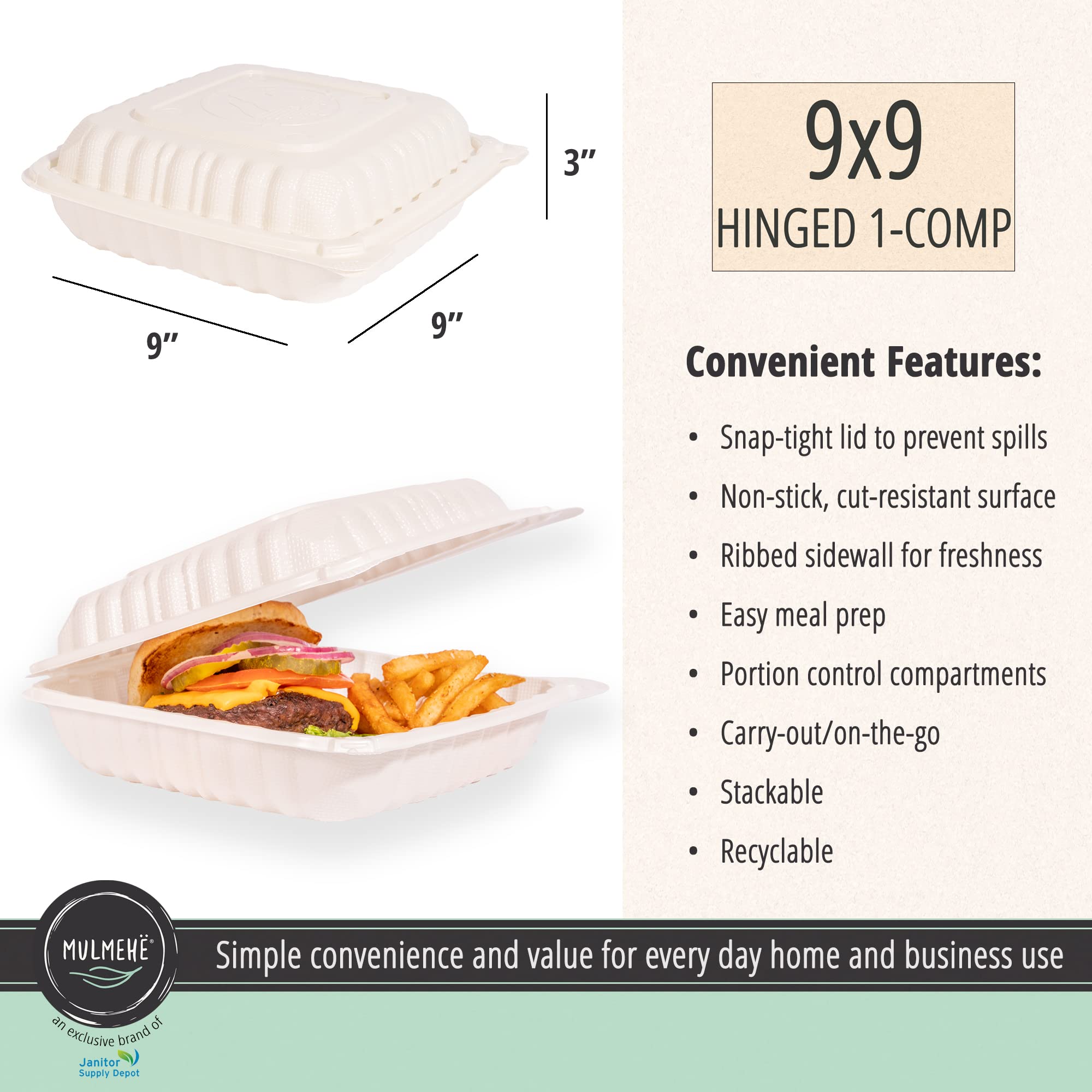 MULMEHË 9x9x3 Inch Natural White Mineral Filled Polypropylene Hinged Takeout Food Containers - 200 Count Case, Vented Single Compartment for Deli, Catering & Restaurant Food Storage