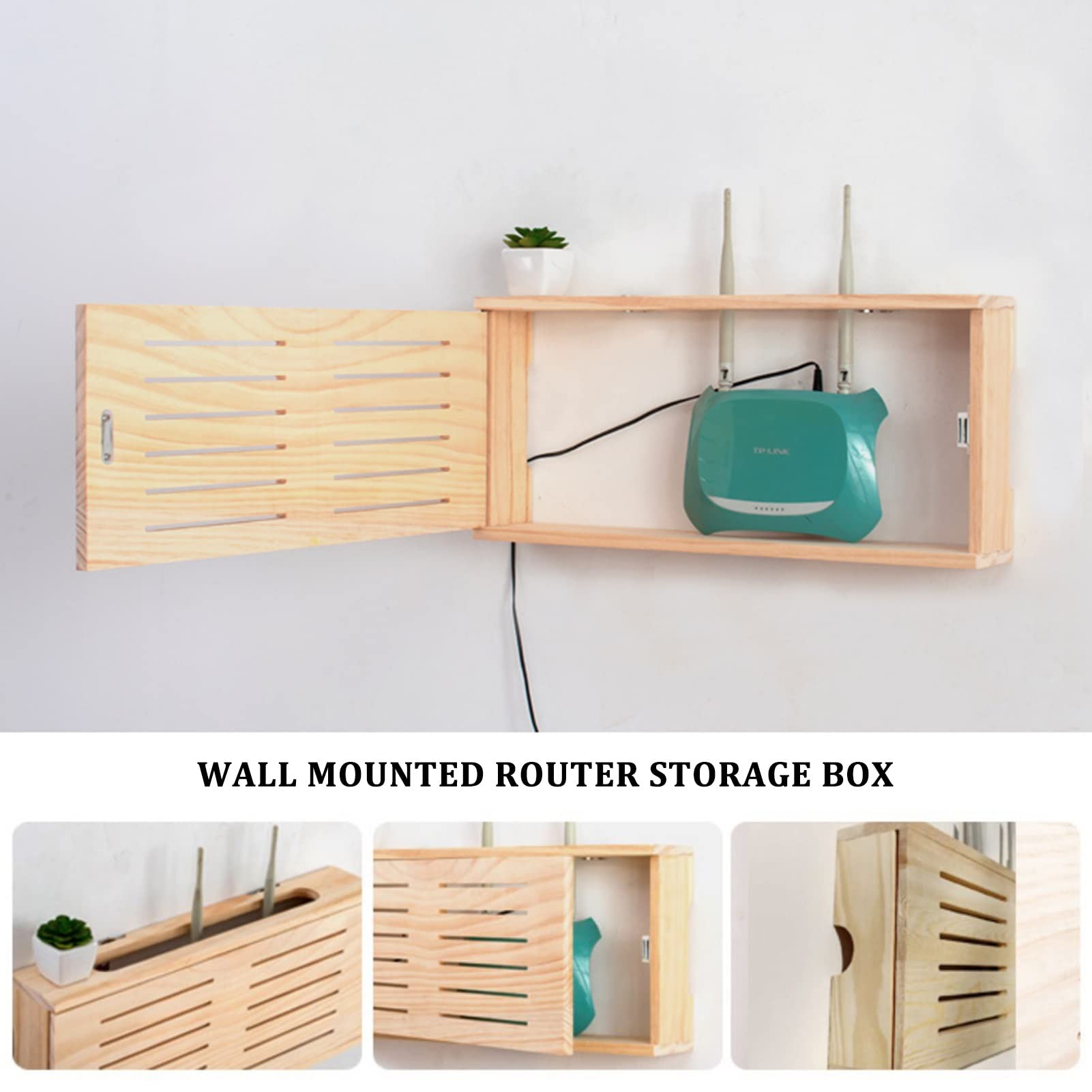 Wooden WiFi Router Storage Box - Wall Mount Network Set-Top Box Organizer with Shelf, 49x22x8cm - Perfect for Home, Bedroom & Office to Hide Cables & Organize Wireless Routers, Modems & Electronics (Natural Wood Color)
