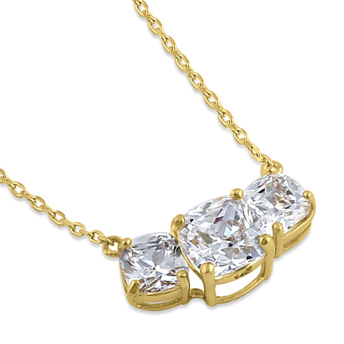 14K Solid Yellow Gold Triple Cushion Cubic Zirconia Pendant Necklace for Women - Elegant Jewelry Gift for Anniversary, Birthday & Special Occasions