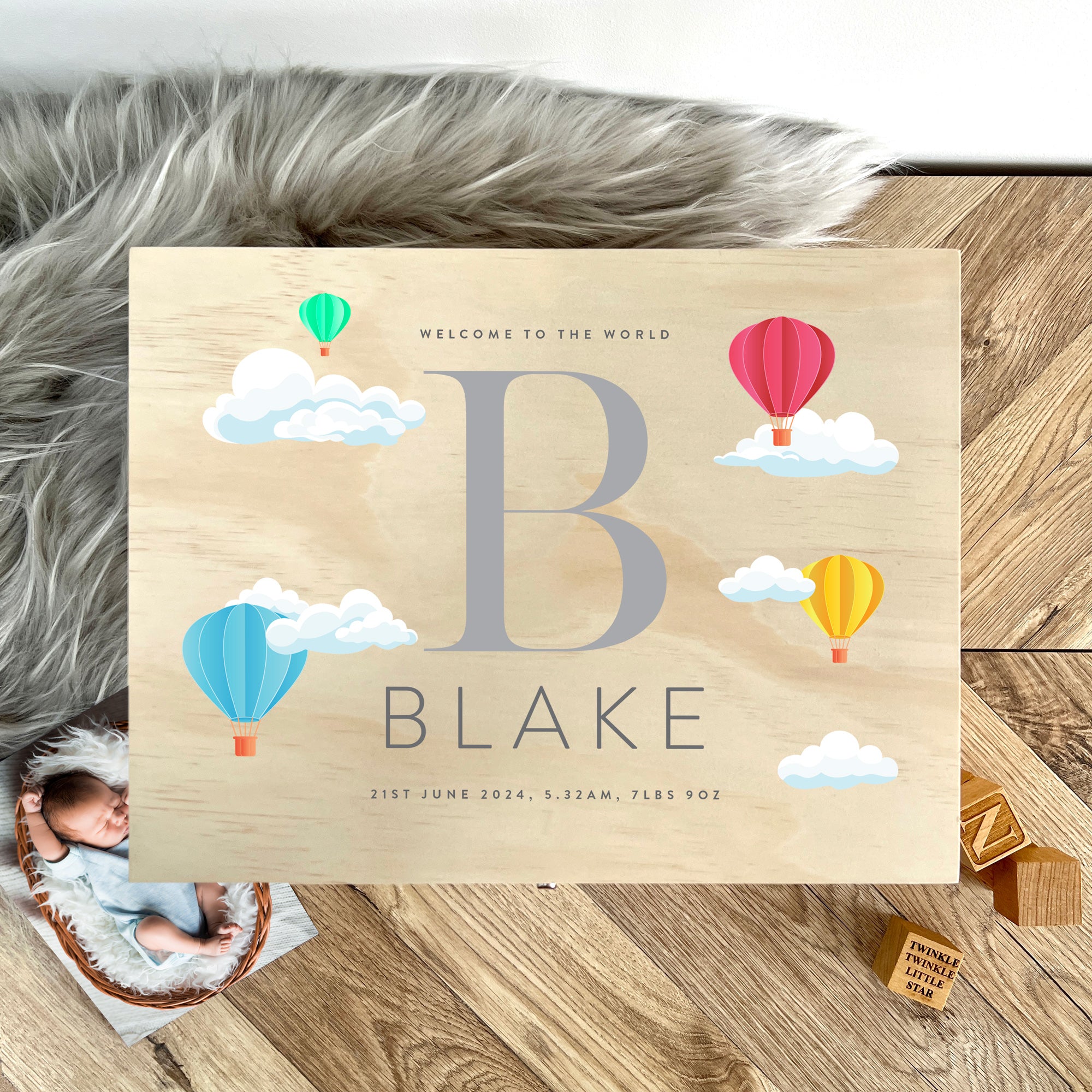 Personalized Hot Air Balloon Baby Memory Keepsake Box - 5 Sizes (16cm, 20cm, 26cm, 30cm, 36cm) - Perfect for Newborn Gifts, Christening Presents & Nursery Decor