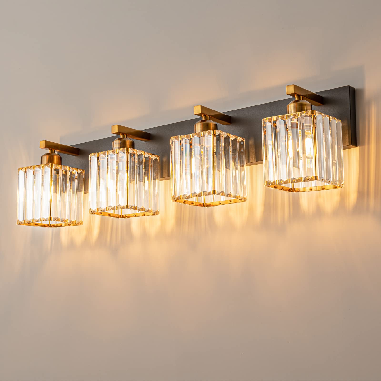 Modern Black Gold Crystal Bathroom Vanity Light - 4-Light Wall Sconce Fixture for Bathroom Mirror Lighting, Makeup Vanity, Dressing Room & Spa Decor