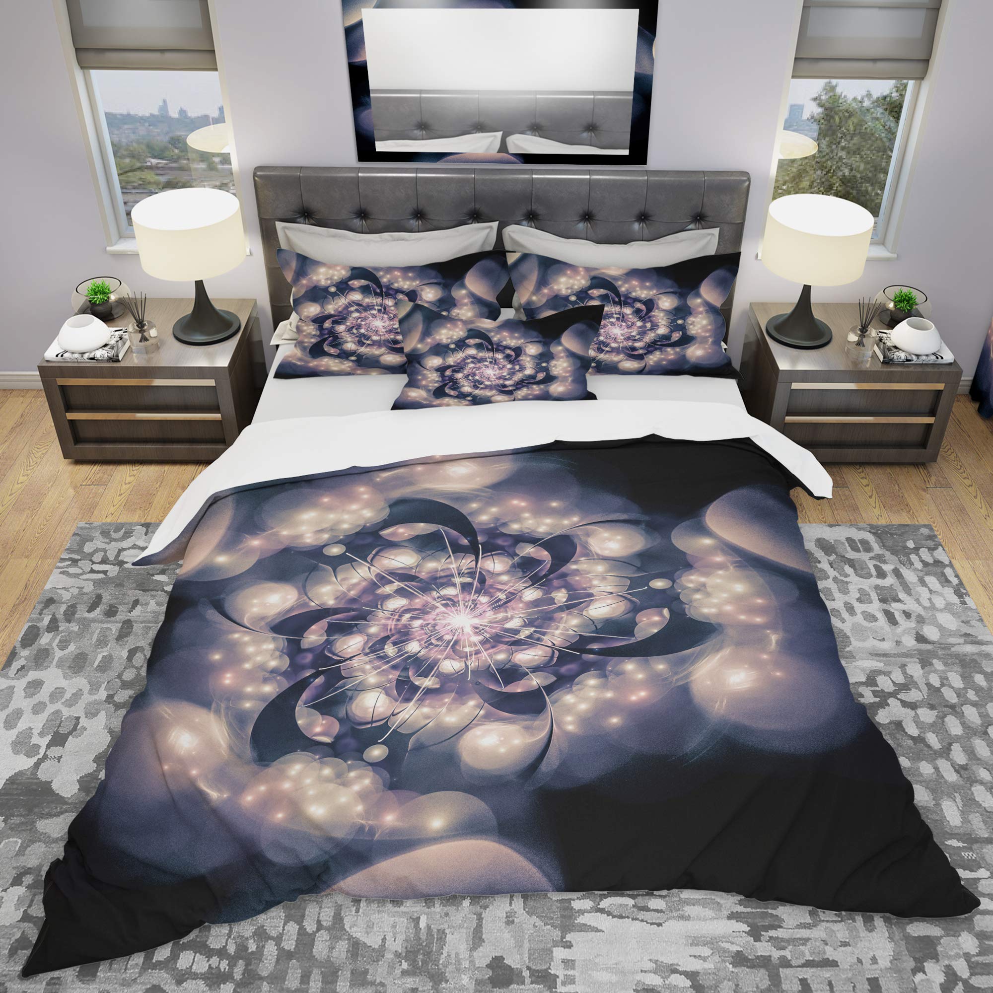 Black & White Fractal Floral Duvet Cover Set Queen - 3 Piece Nautical Coastal Bedding for All Seasons | Perfect for Beach House, Guest Room & Modern Bedroom Decor
