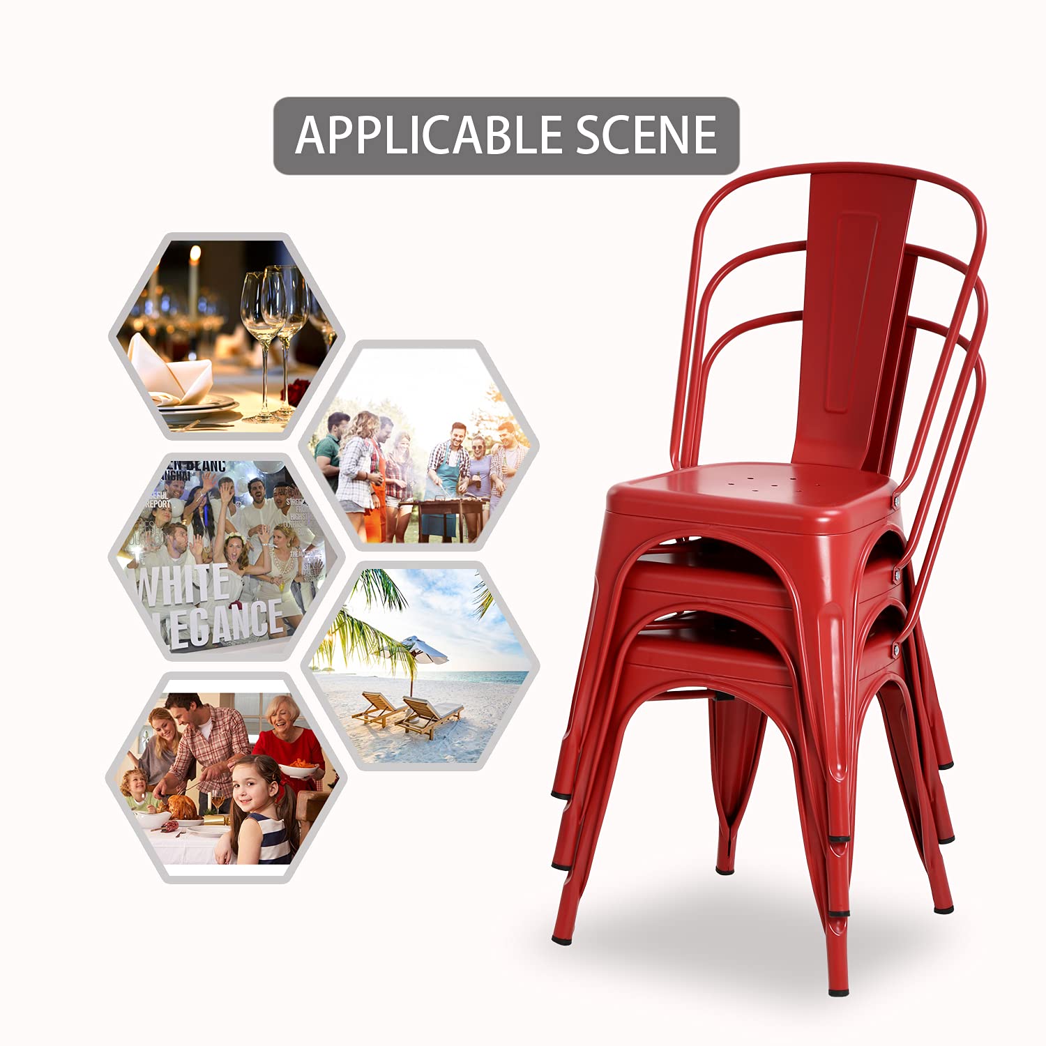 4 Pack Metal Dining Chairs - Indoor/Outdoor Stackable Kitchen & Patio Chairs with Back Support, 330 lbs Weight Capacity (Red) - Perfect for Restaurants, Cafes, Backyards and Home Dining Rooms