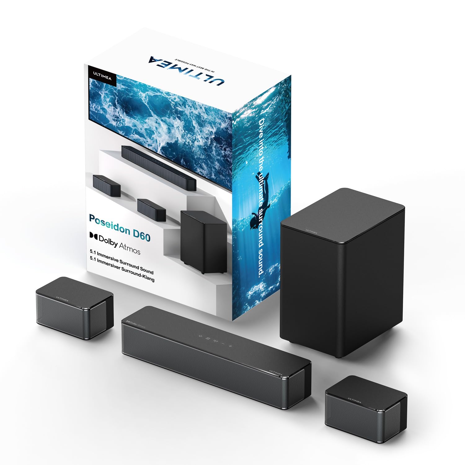 ULTIMEA Dolby Atmos 5.1 Soundbar with Wireless Subwoofer - 3D Surround Sound System for TV, Adjustable Bass Home Theater Speakers (Poseidon D60 Series 2023) - Perfect for Movie Nights, Gaming & Music Listening