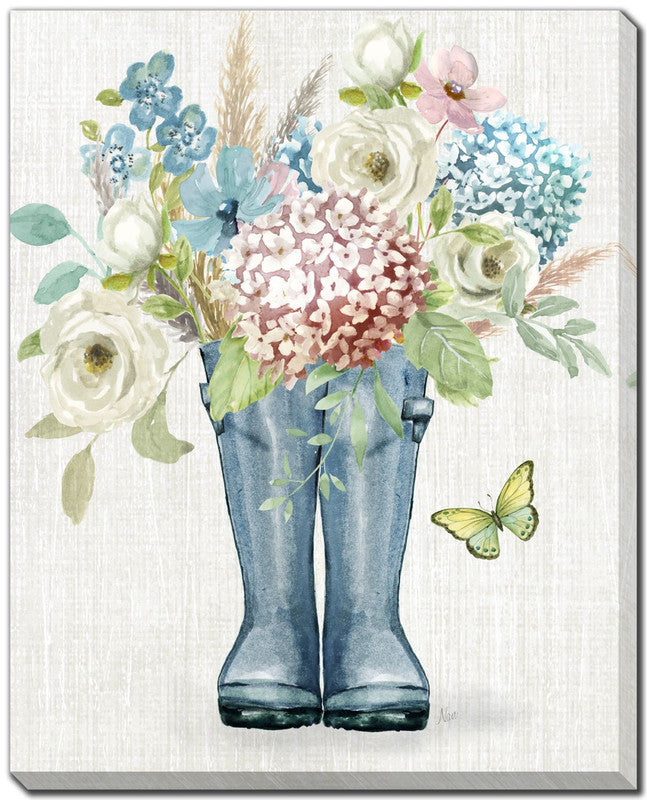 Blue Boot Blooms Wall Art - Blue, Green, White - 16x20 Inches - Farmhouse Decor for Living Room, Bedroom & Kitchen