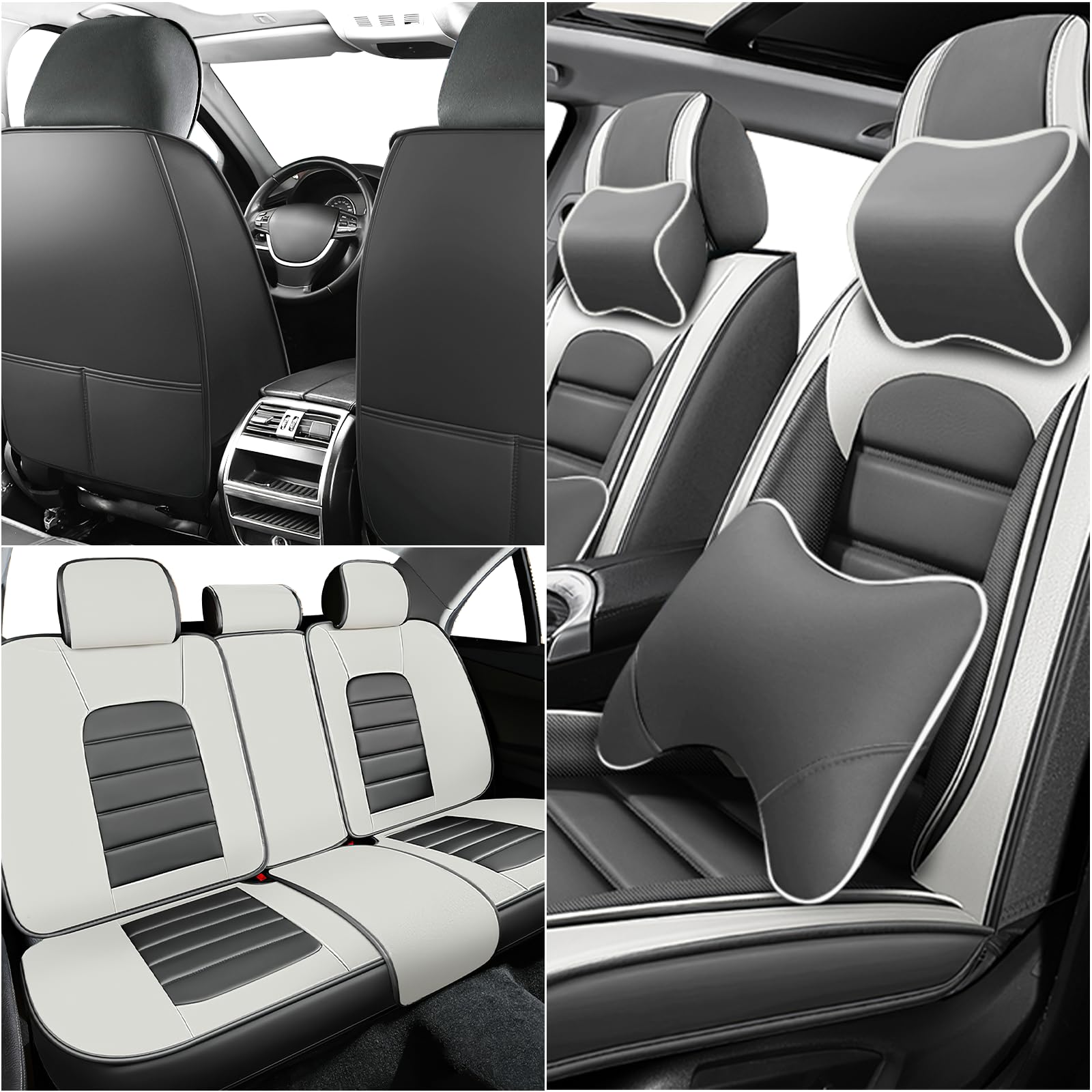 Premium Waterproof Leather Seat Covers Full Set for 2009-2024 Ford F150 & 2011-2024 F250 F350 Trucks - Sport Style Seat Protectors with Pillow (Gray & White) - Perfect for Off-Roading, Work Trucks & Daily Commutes