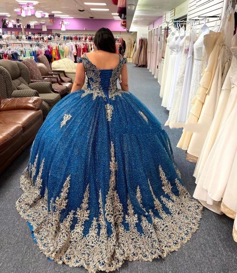 Sparkling Gold Glitter Tulle Applique Cold Shoulder Quinceanera Dress for Sweet 16 & Prom - Elegant Ball Gown for Teen Girls 2025 | Perfect for Quinceañeras, Birthday Parties, Homecoming & Formal Dances